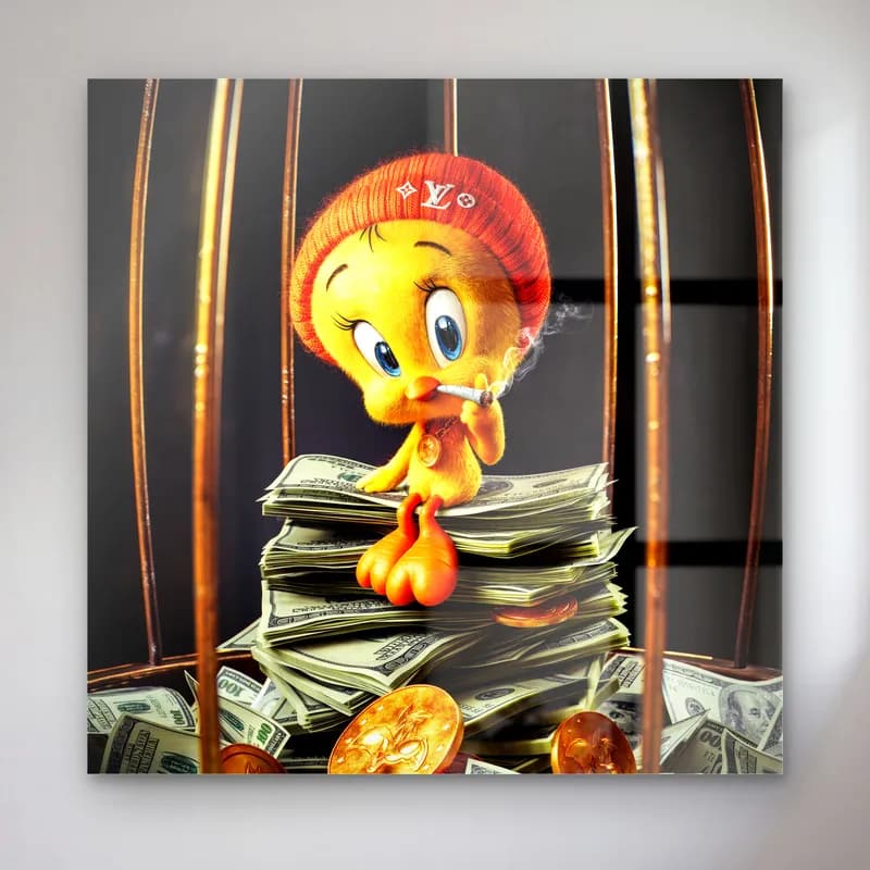 Altın Kafeste Dolarlı Tweety cam tablo — Altın kafes içinde dolar yığını üzerinde oturan bereli sarı Tweety