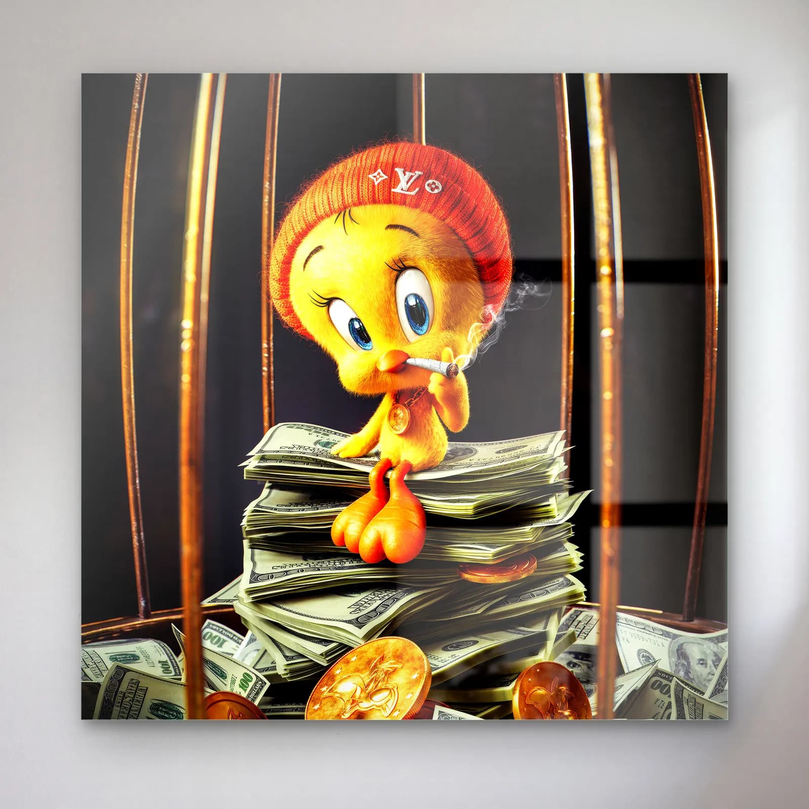 Altın Kafeste Dolarlı Tweety cam tablo — Altın kafes içinde dolar yığını üzerinde oturan bereli sarı Tweety