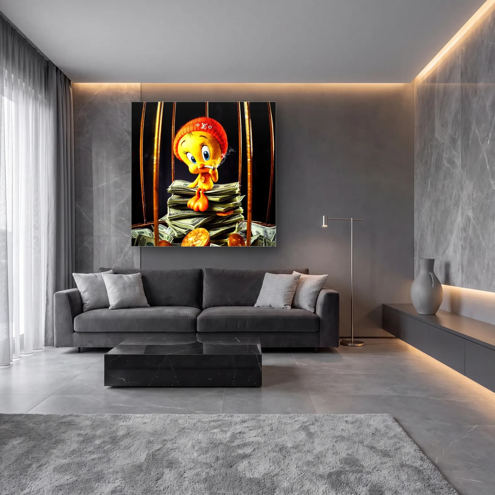 Altın Kafeste Dolarlı Tweety cam tablo — lüks salon duvarında