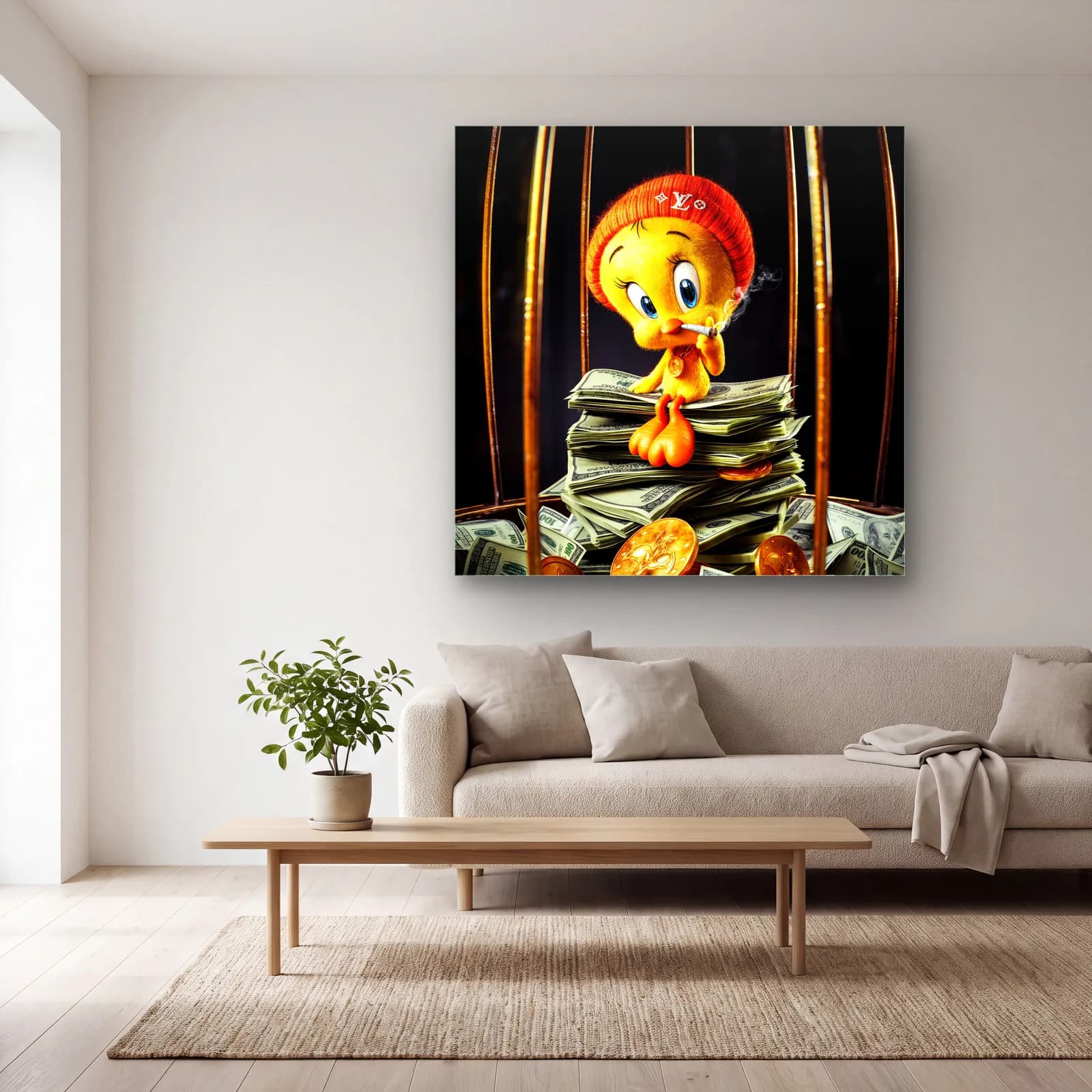 Altın Kafeste Dolarlı Tweety cam tablo — açık renk salonda