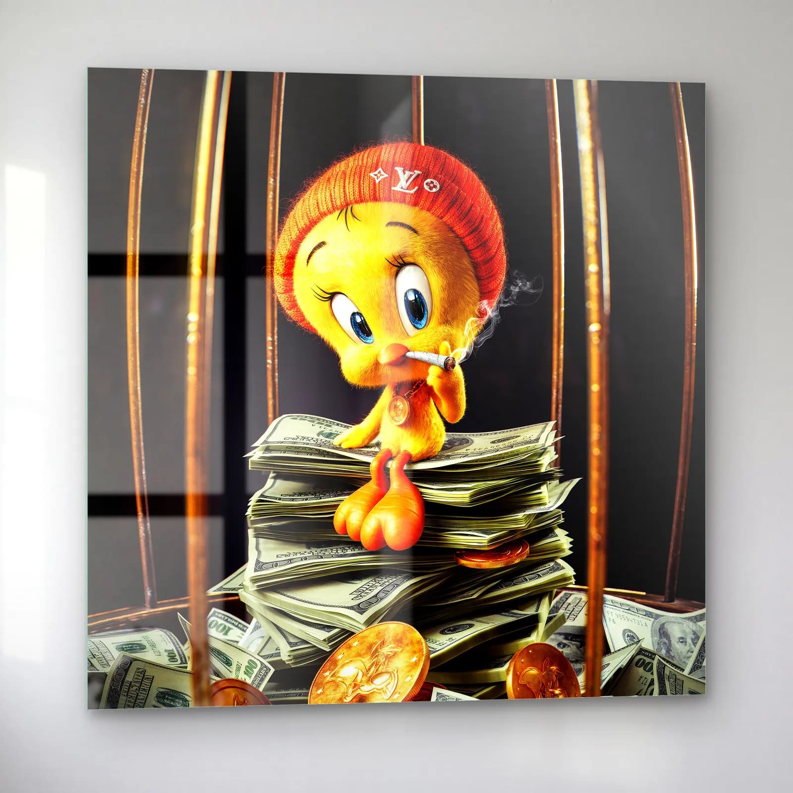 Altın Kafeste Dolarlı Tweety cam tablo — sol açıdan görünüm
