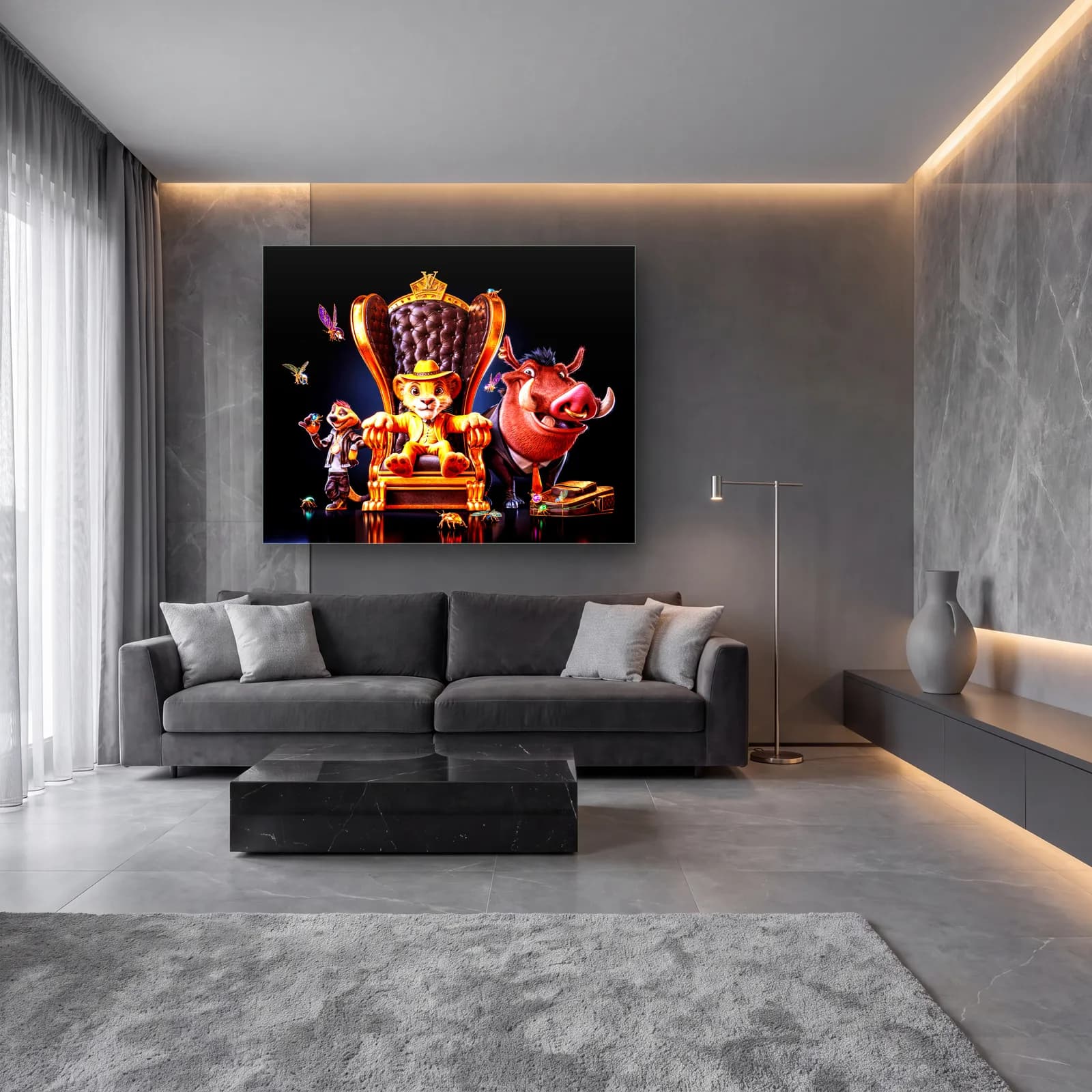 Tahttaki Simba, Timon ve Pumbaa cam tablo — lüks salon duvarında