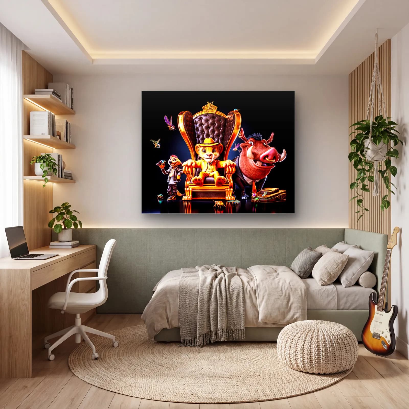Tahttaki Simba, Timon ve Pumbaa cam tablo — genç odasında