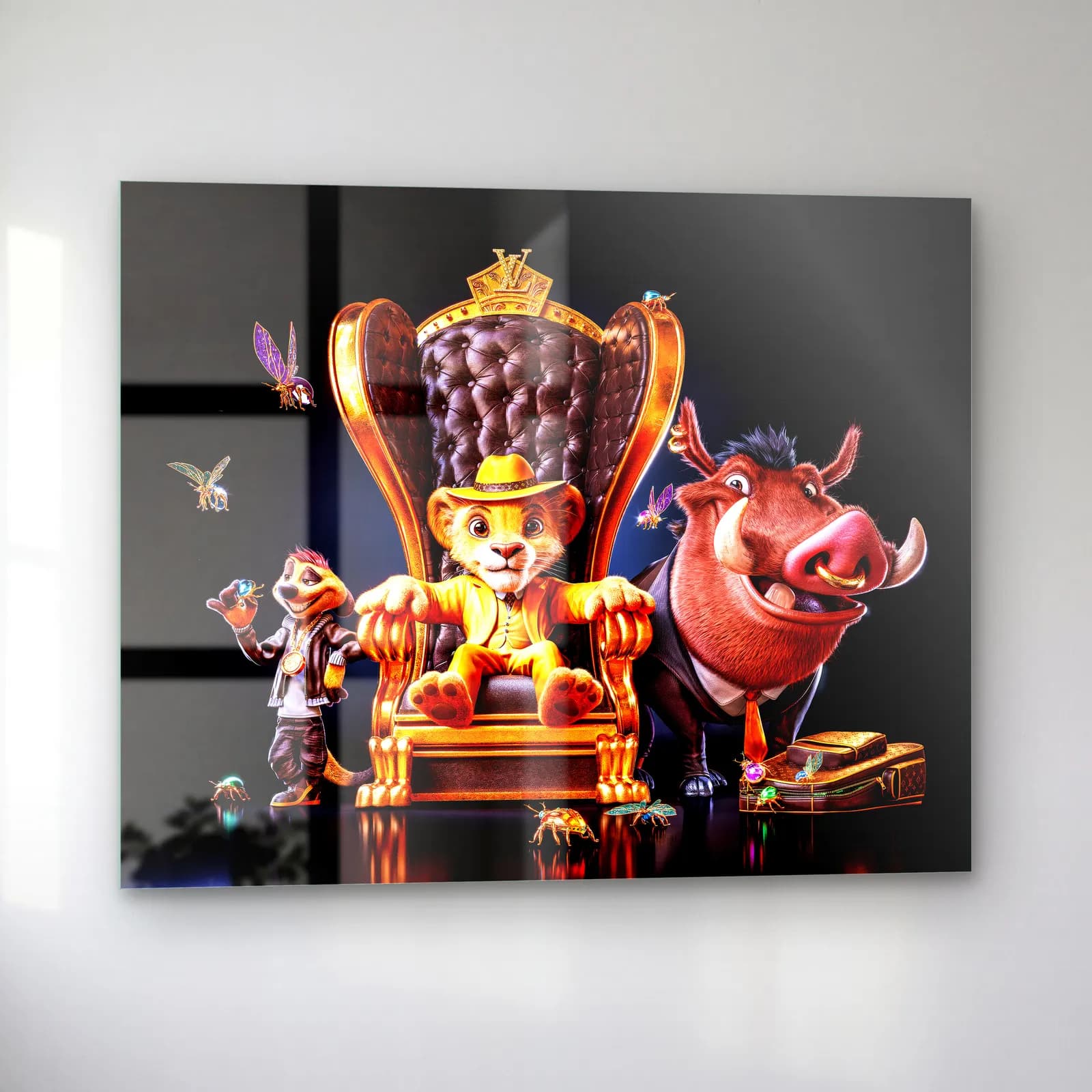 Tahttaki Simba, Timon ve Pumbaa cam tablo — sol açıdan görünüm