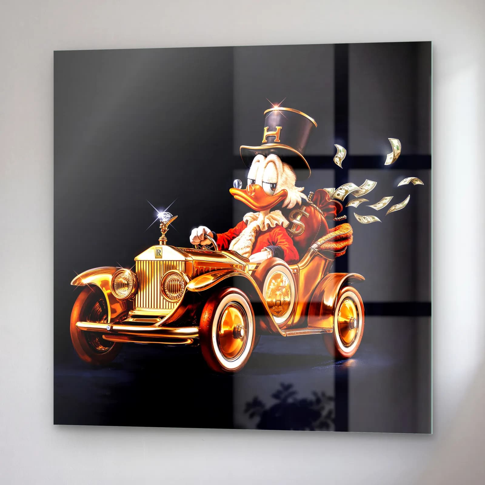 Altın Klasik Otomobilde Scrooge cam tablo — sağ açıdan görünüm
