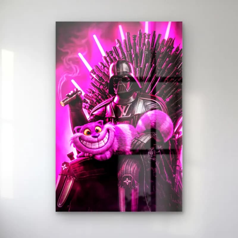 Neon Tahtta Darth Vader ve Cheshire cam tablo — Pembe neon ışıklı tahtta oturan Darth Vader ve sırıtan Cheshire Kedisi
