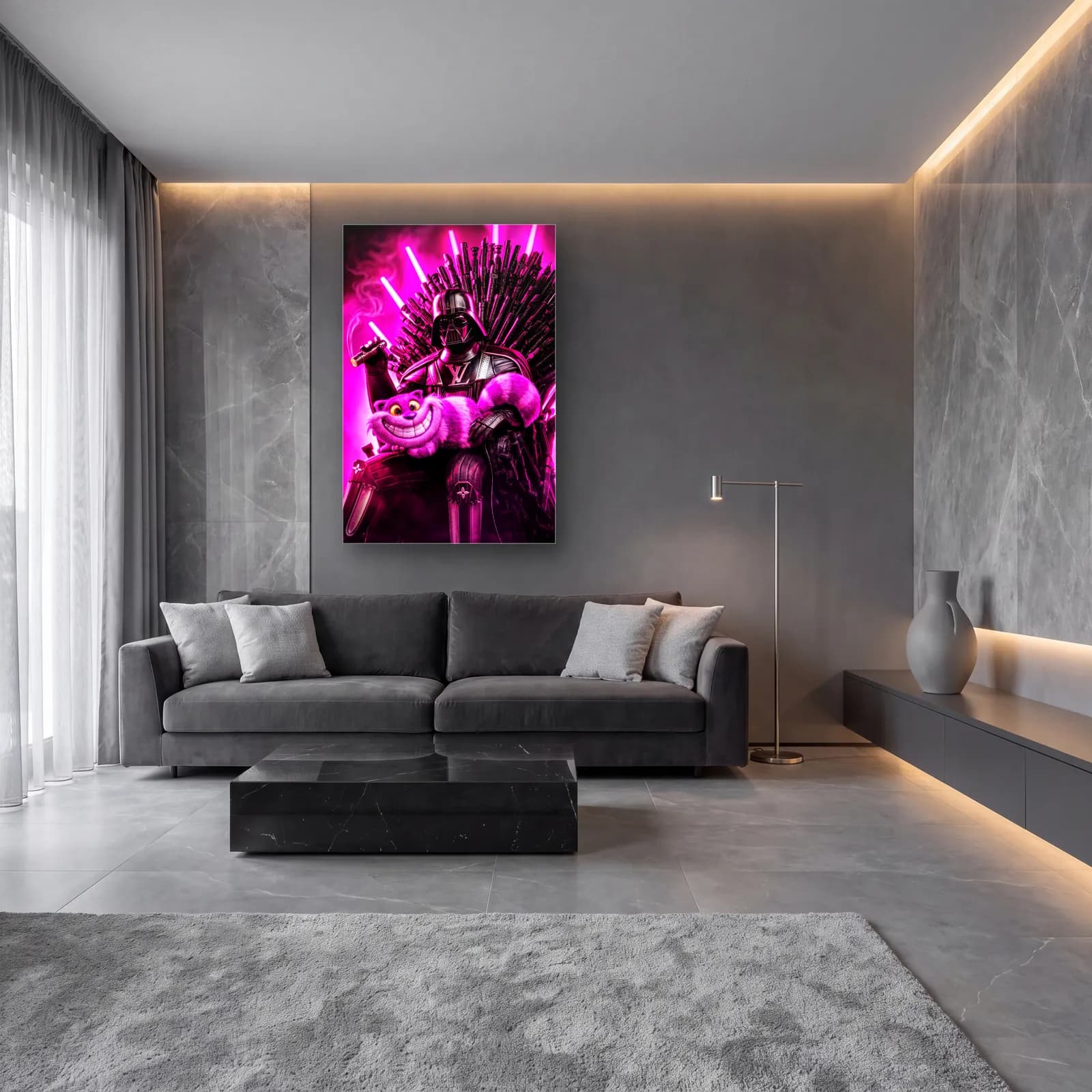 Neon Tahtta Darth Vader ve Cheshire cam tablo — lüks salon duvarında