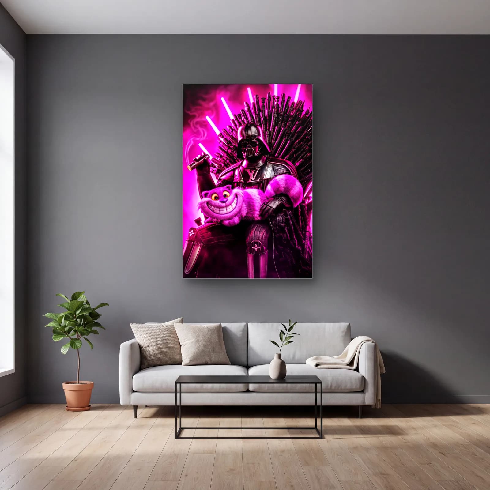 Neon Tahtta Darth Vader ve Cheshire cam tablo — gri duvarlı salonda