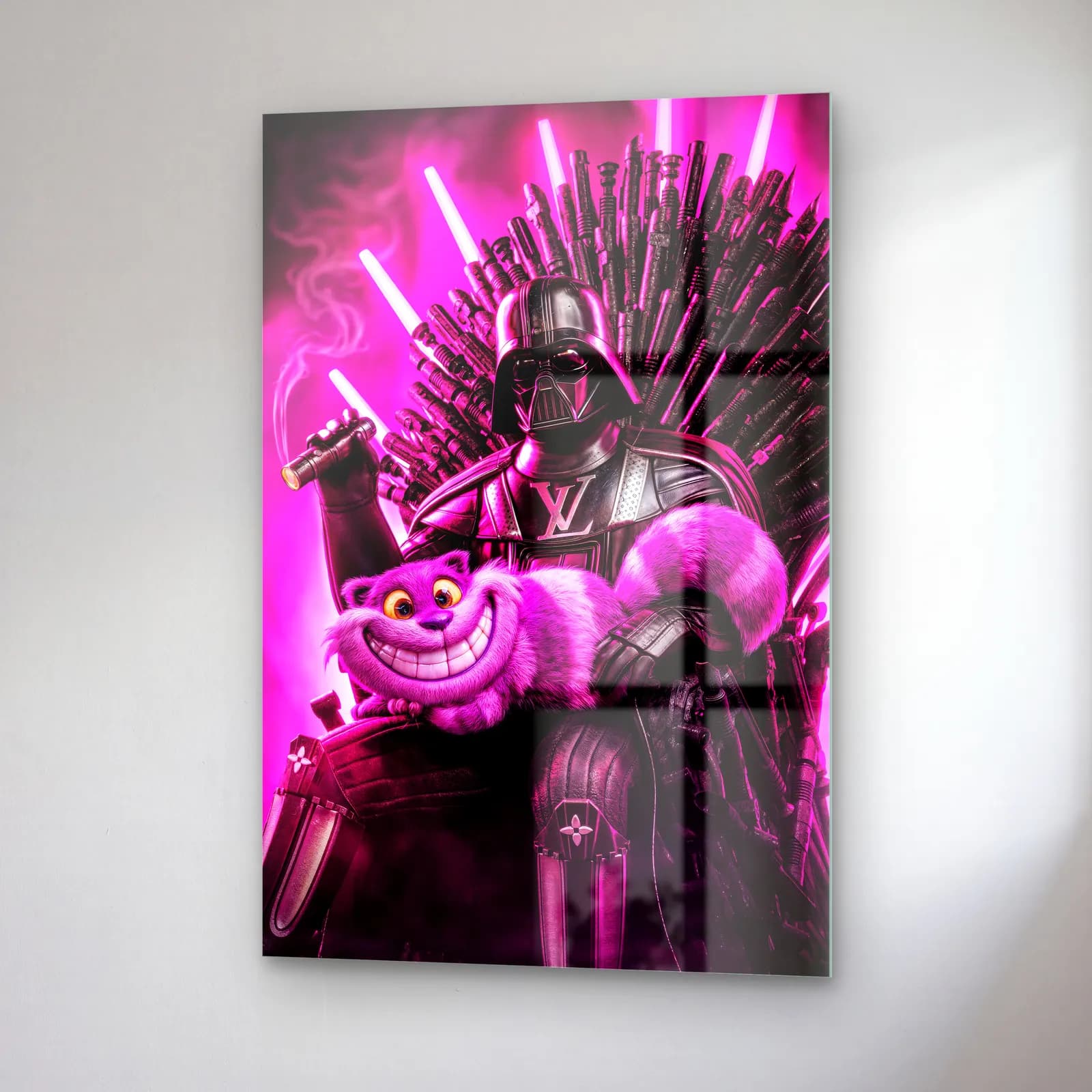 Neon Tahtta Darth Vader ve Cheshire cam tablo — sağ açıdan görünüm