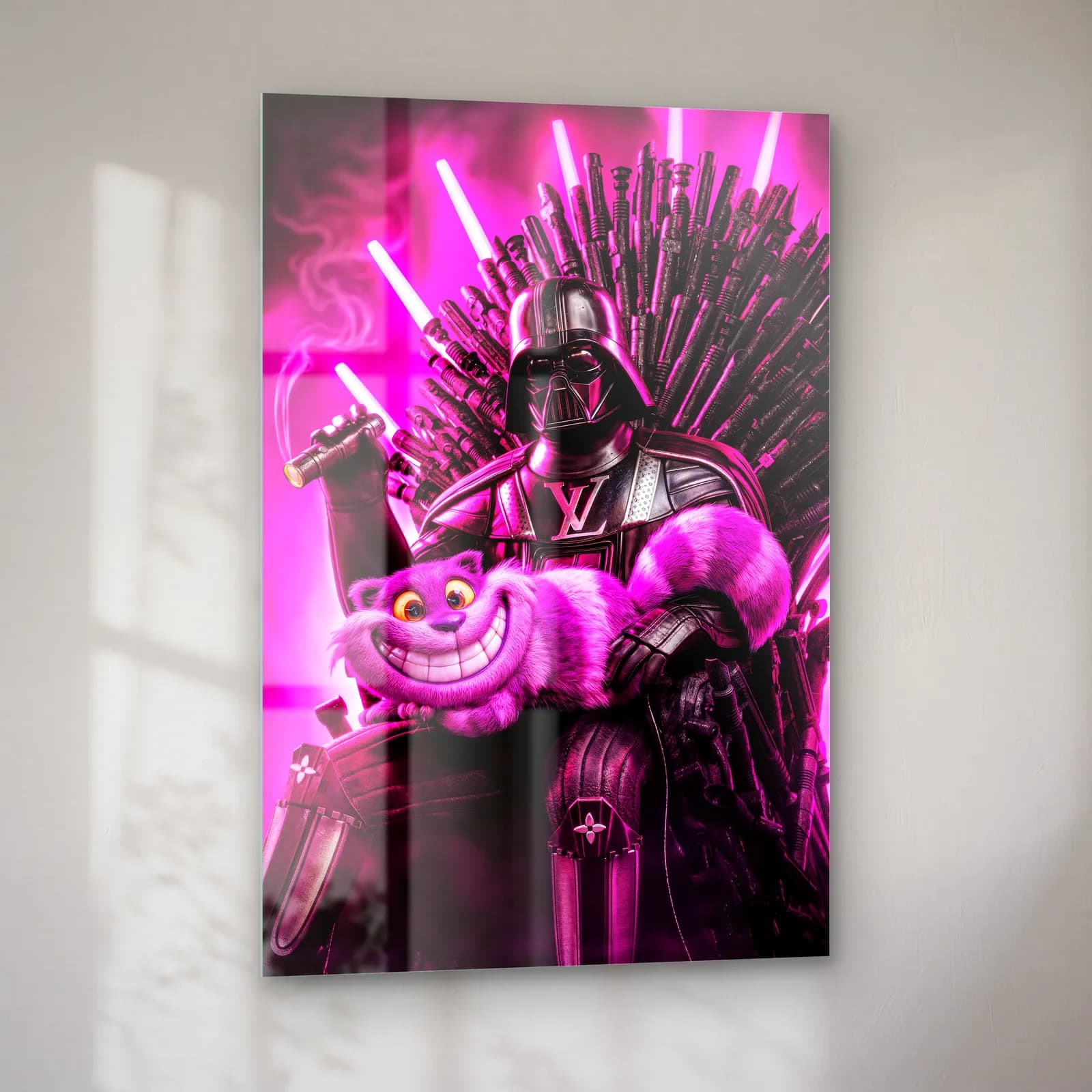 Neon Tahtta Darth Vader ve Cheshire cam tablo — sol açıdan görünüm