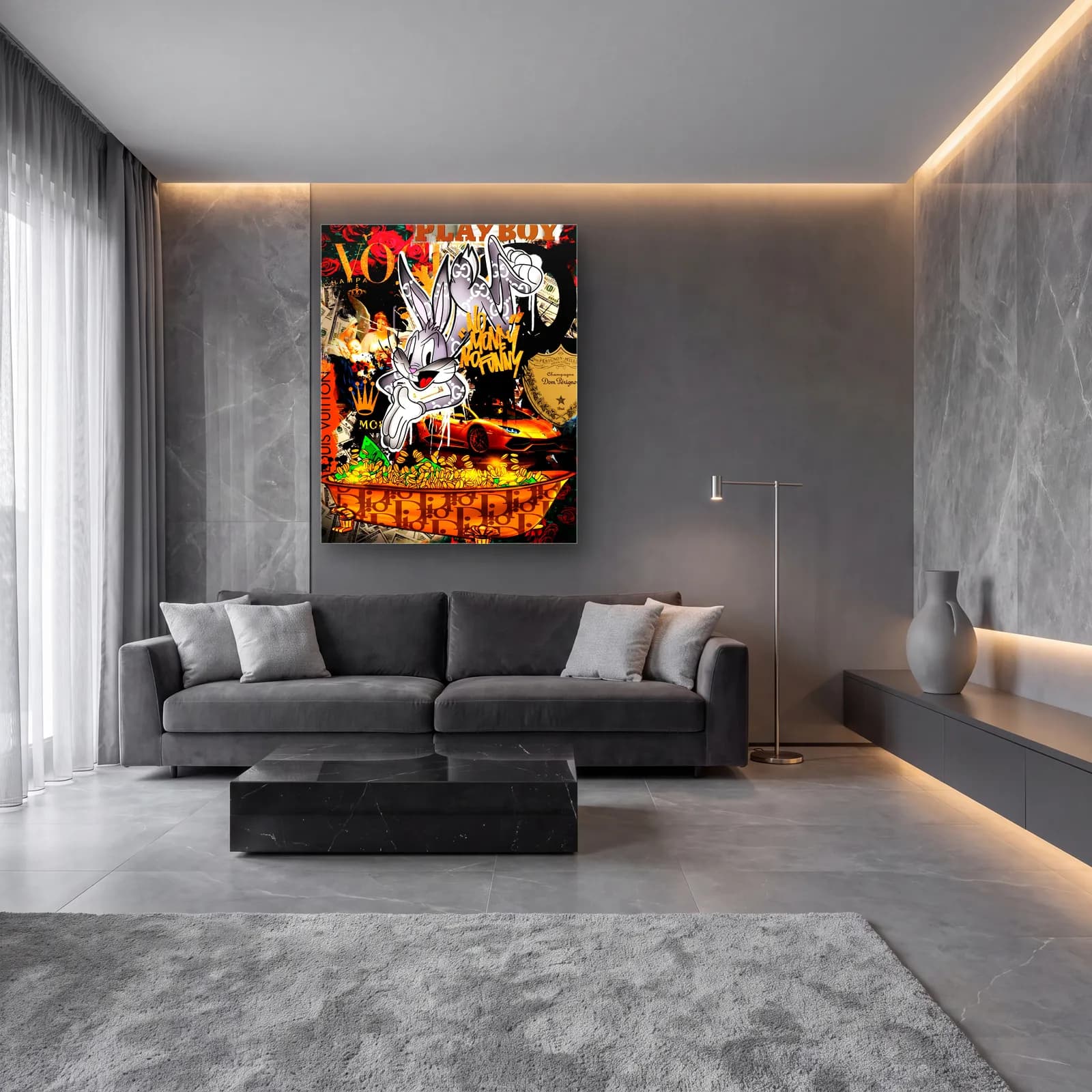 Grafiti Kolajlı Bugs Bunny cam tablo — lüks salon duvarında