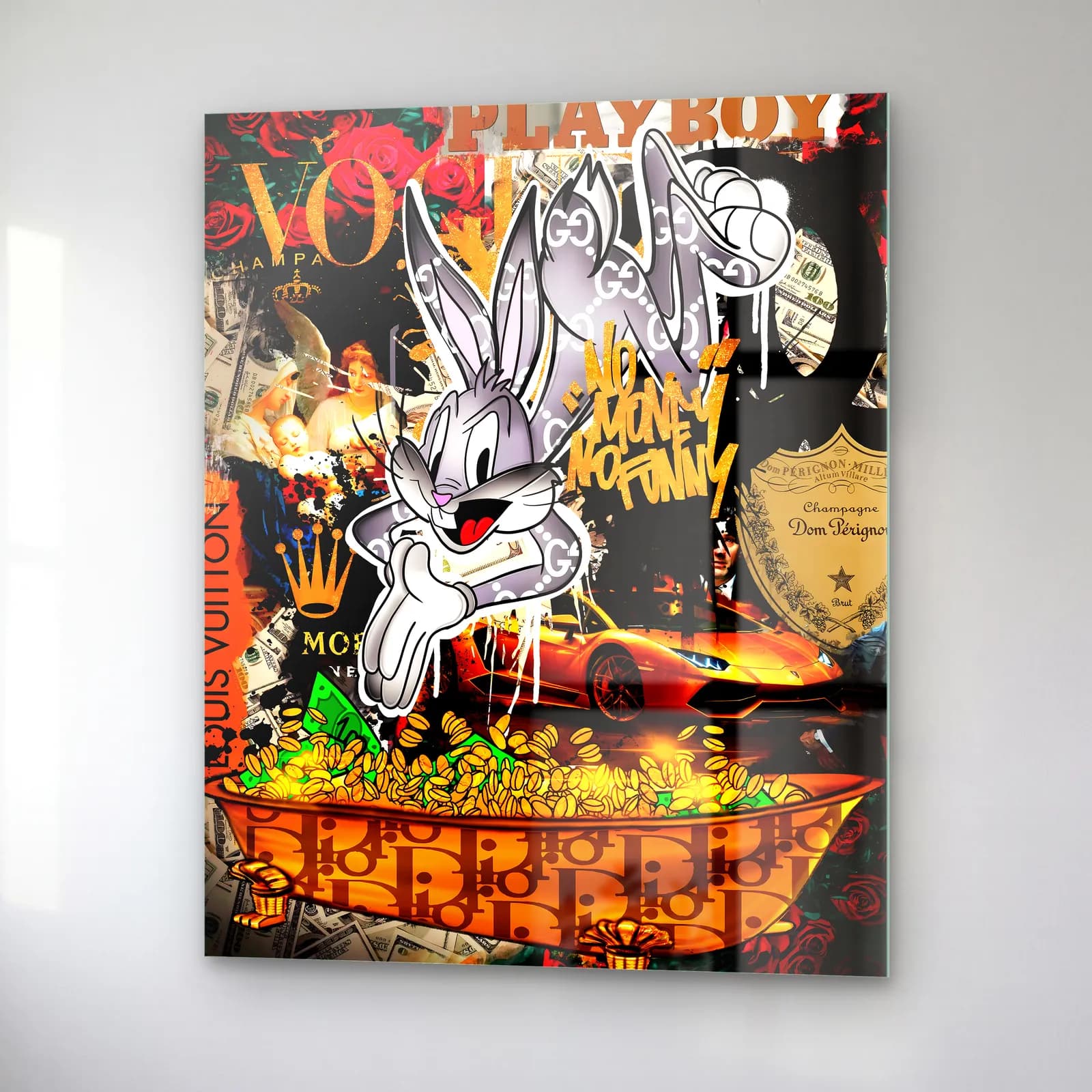 Grafiti Kolajlı Bugs Bunny cam tablo — sağ açıdan görünüm