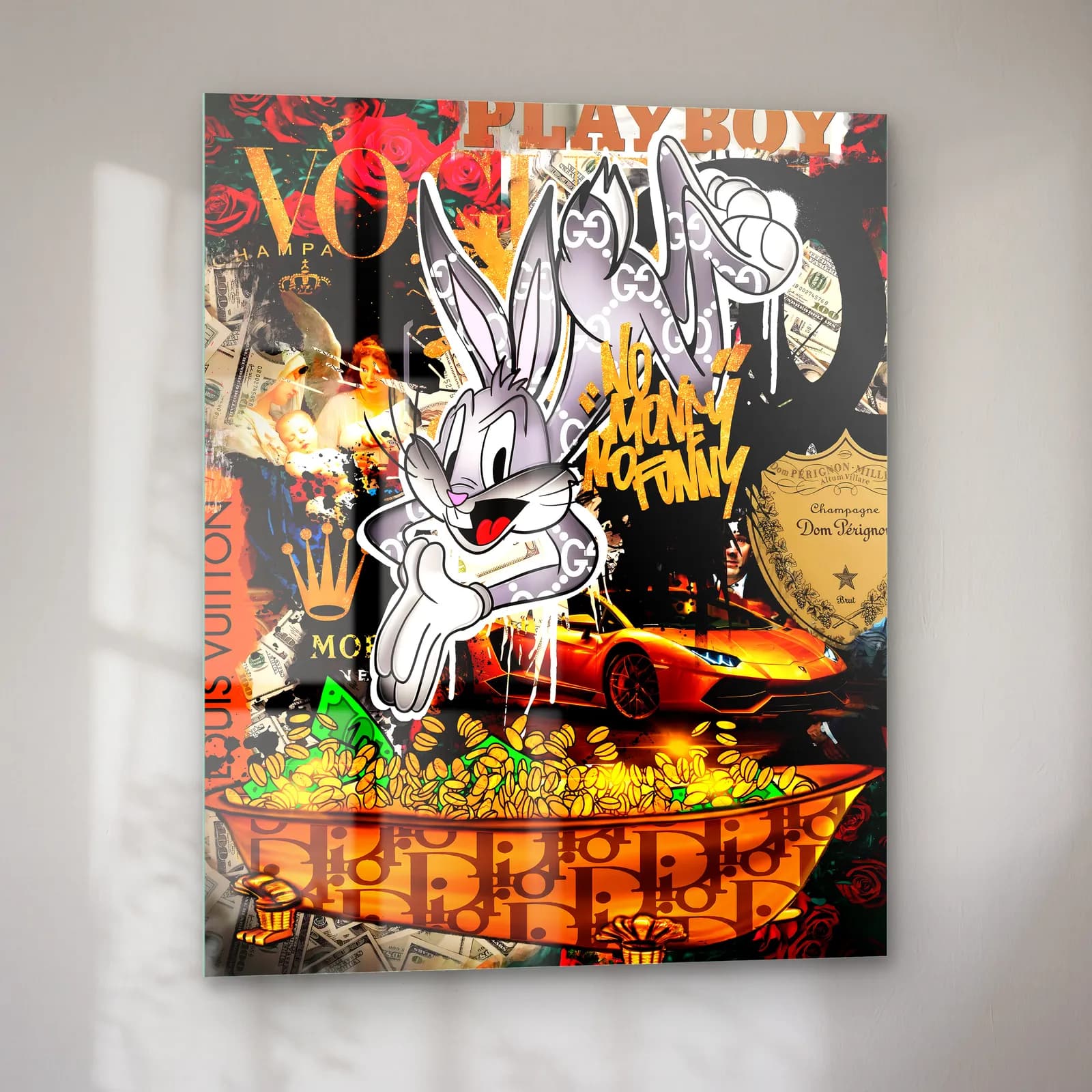 Grafiti Kolajlı Bugs Bunny cam tablo — sol açıdan görünüm