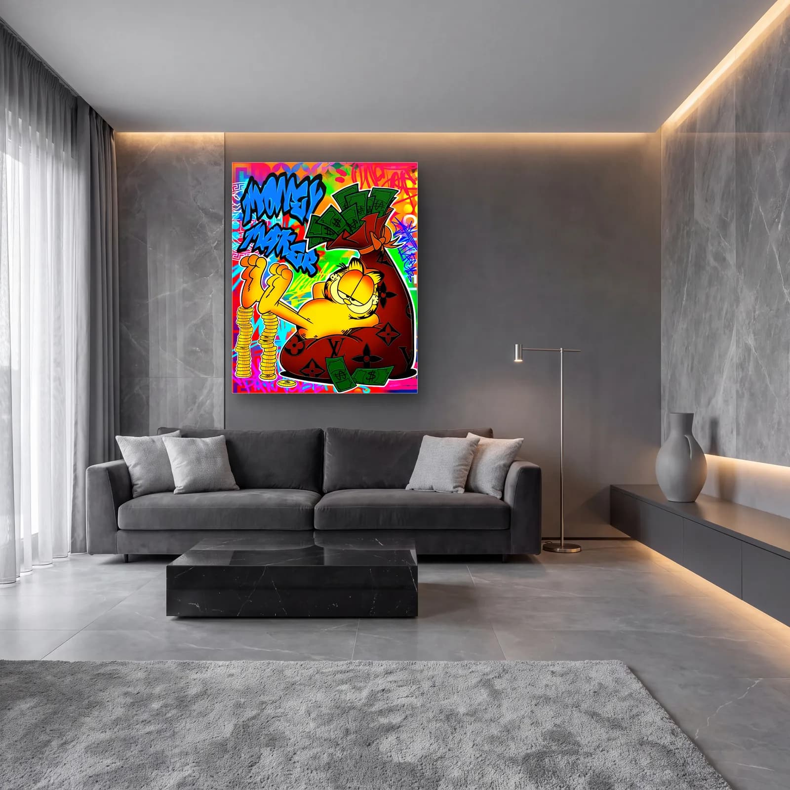 Money Maker Garfield cam tablo — lüks salon duvarında