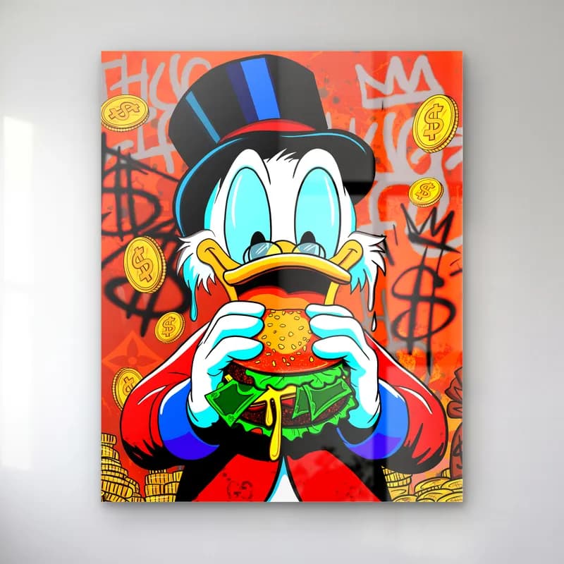 Para Burger Yiyen Scrooge cam tablo — Kırmızı grafiti zeminde dolar dolu burger ısıran Scrooge McDuck