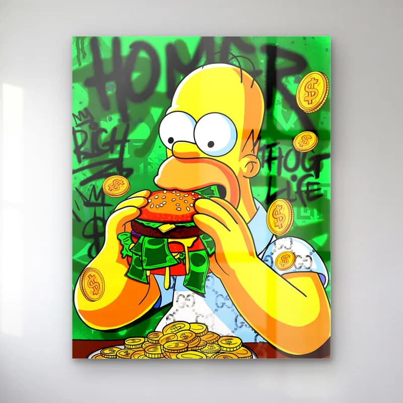 Para Burger Yiyen Homer Simpson cam tablo — Yeşil grafiti zeminde altın paralar arasında para burger yiyen Homer