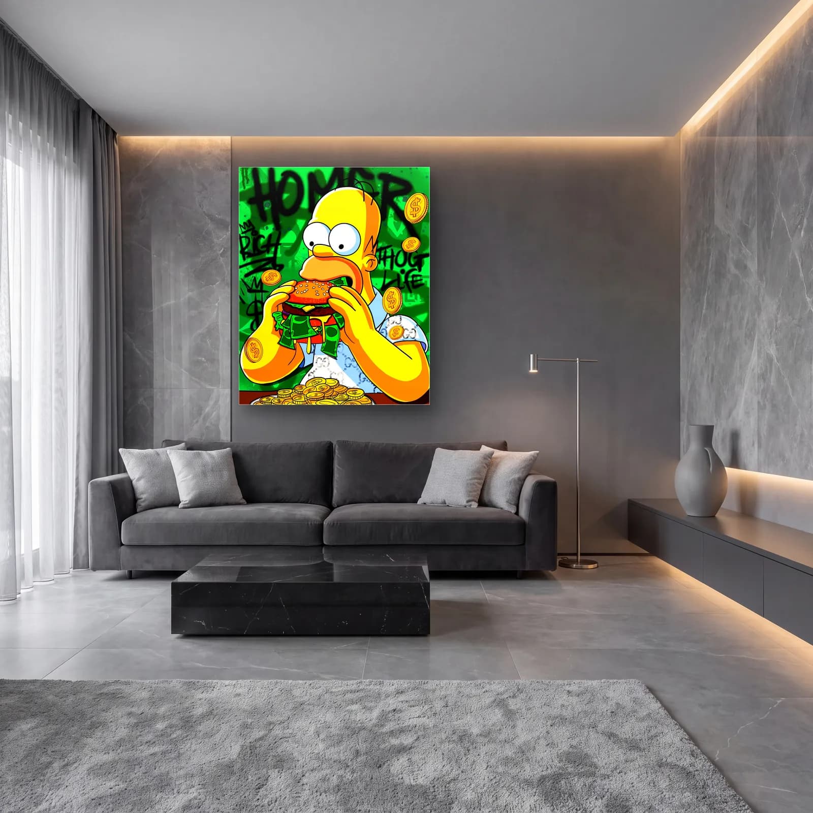 Para Burger Yiyen Homer Simpson cam tablo — lüks salon duvarında