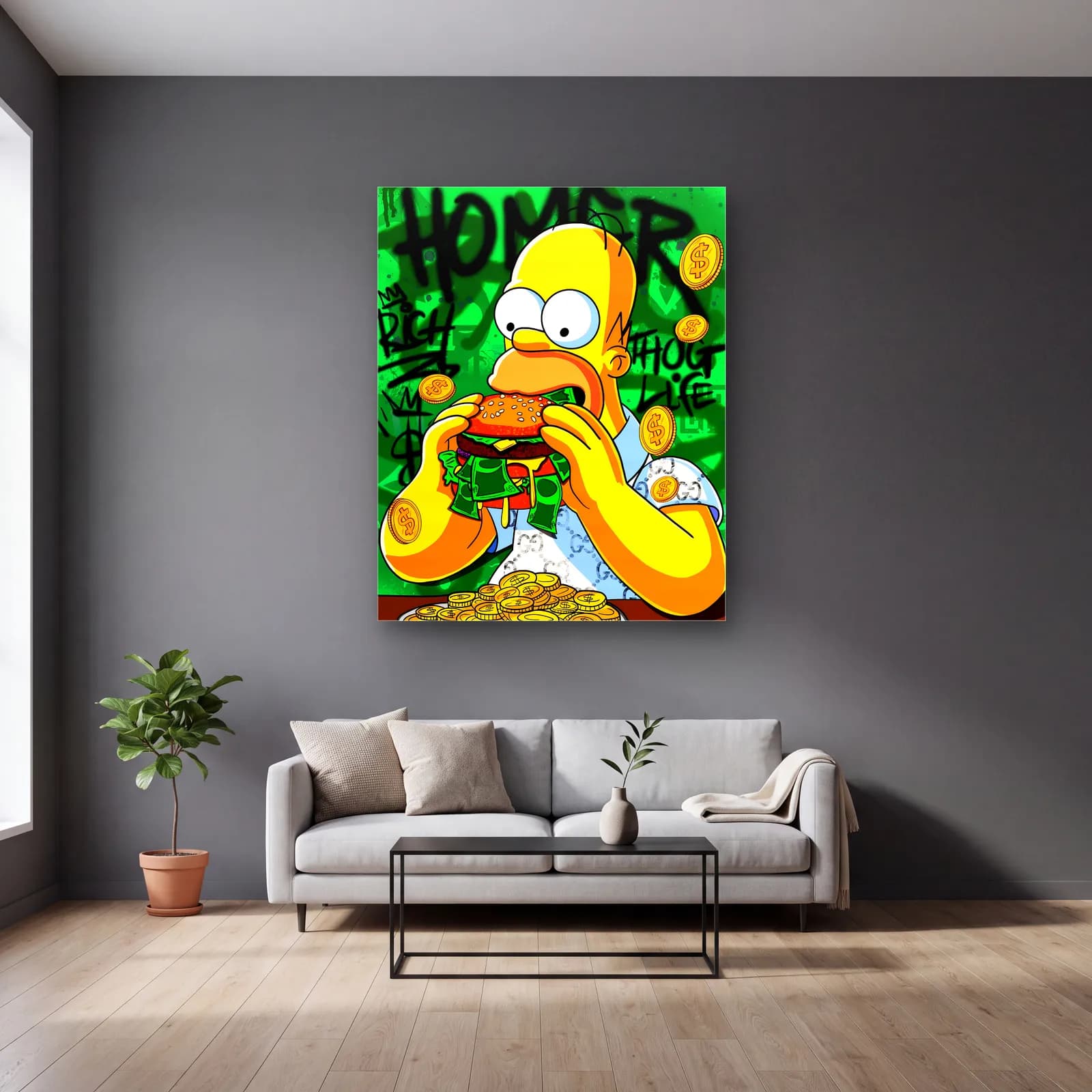 Para Burger Yiyen Homer Simpson cam tablo — gri duvarlı salonda