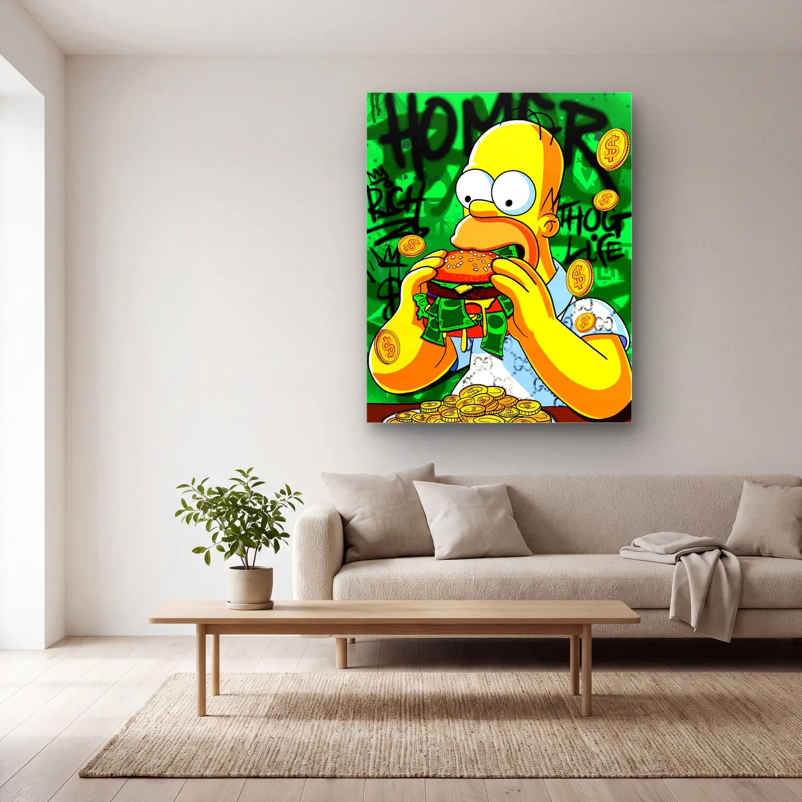 Para Burger Yiyen Homer Simpson cam tablo — açık renk salonda