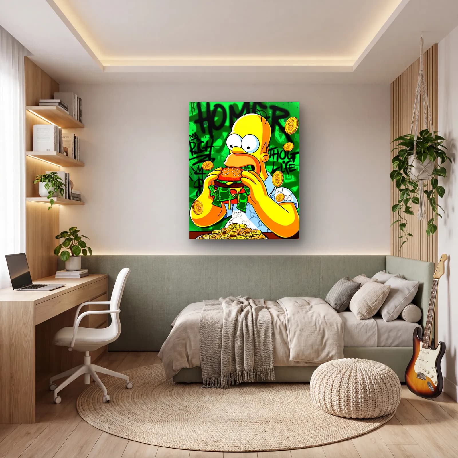 Para Burger Yiyen Homer Simpson cam tablo — genç odasında