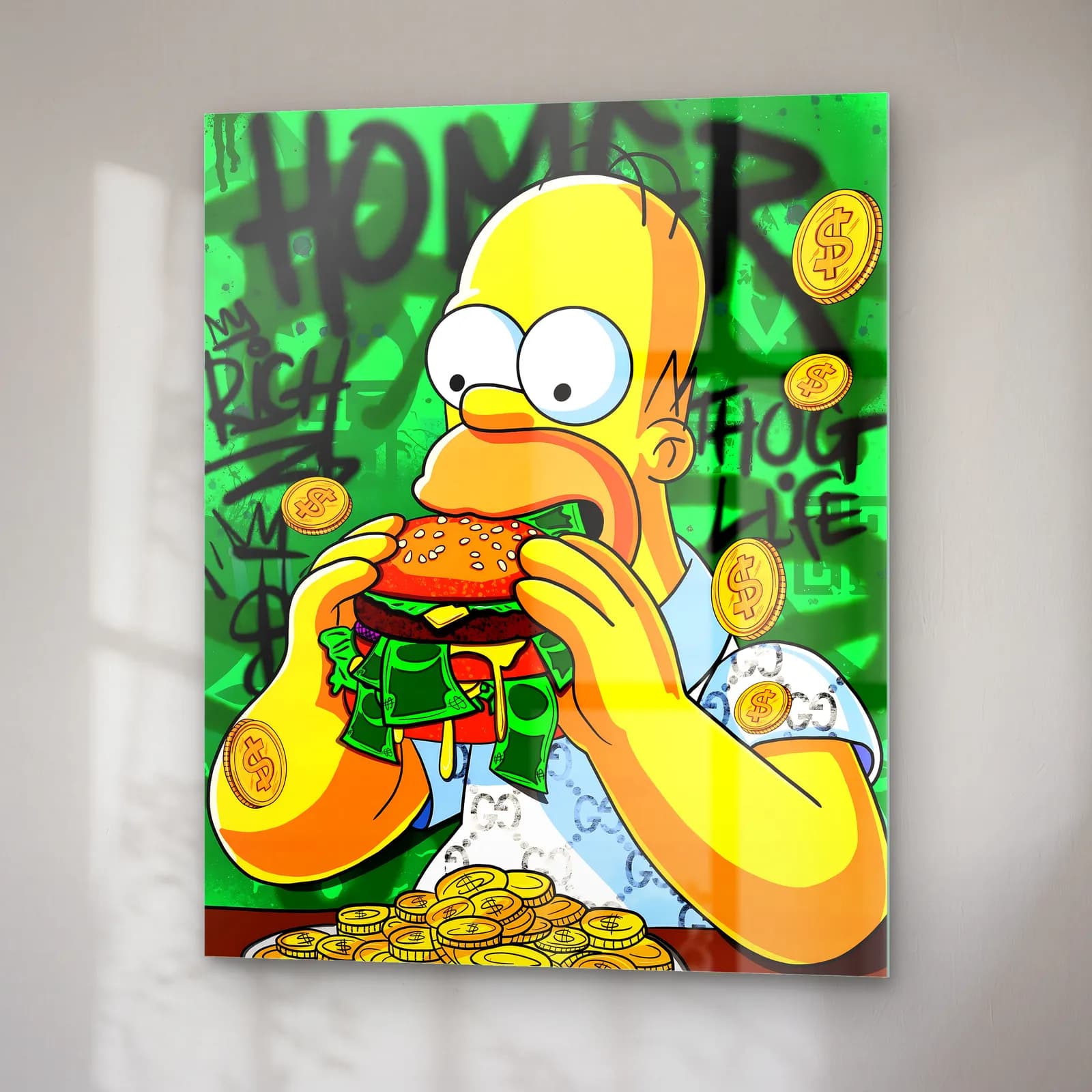 Para Burger Yiyen Homer Simpson cam tablo — sağ açıdan görünüm