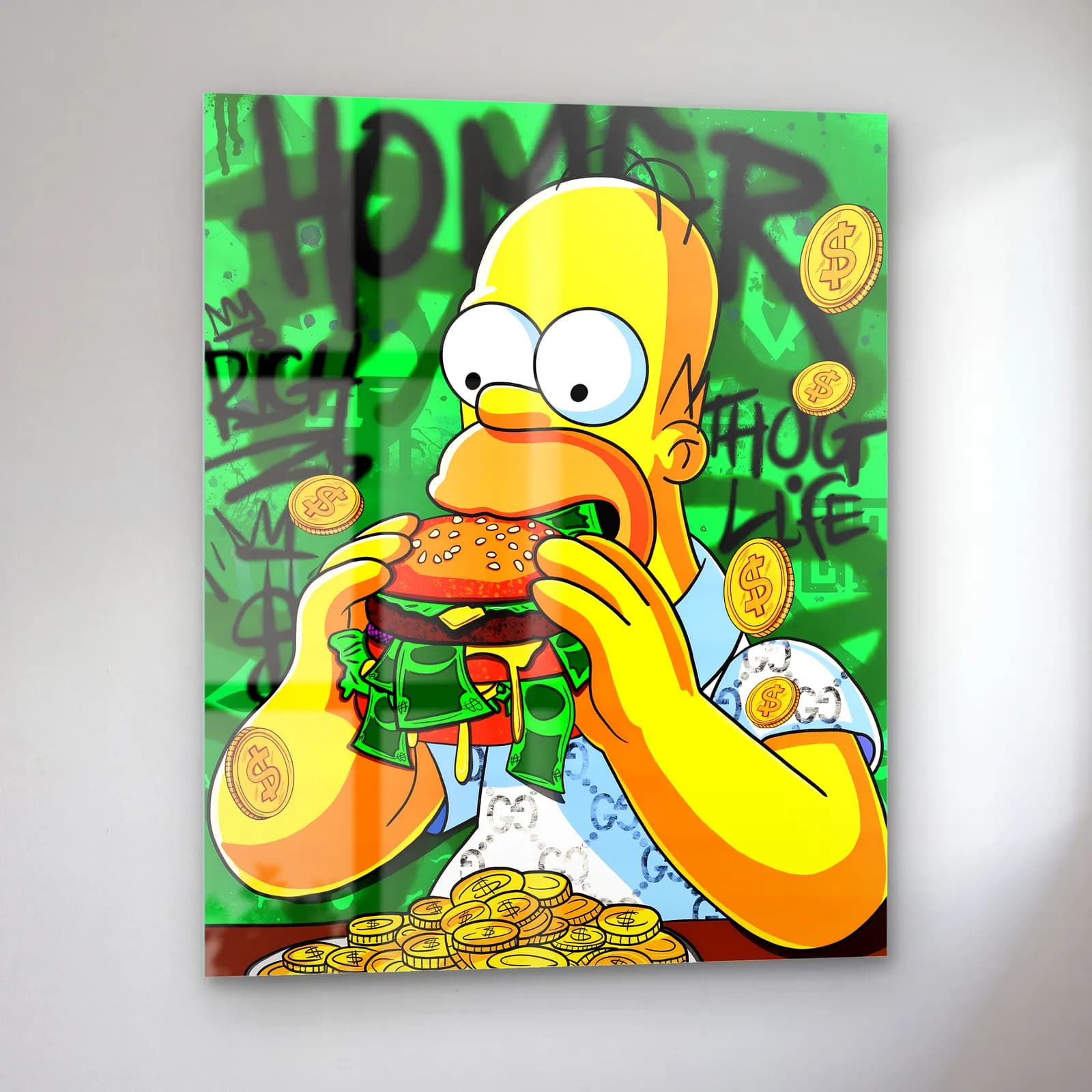 Para Burger Yiyen Homer Simpson cam tablo — sol açıdan görünüm