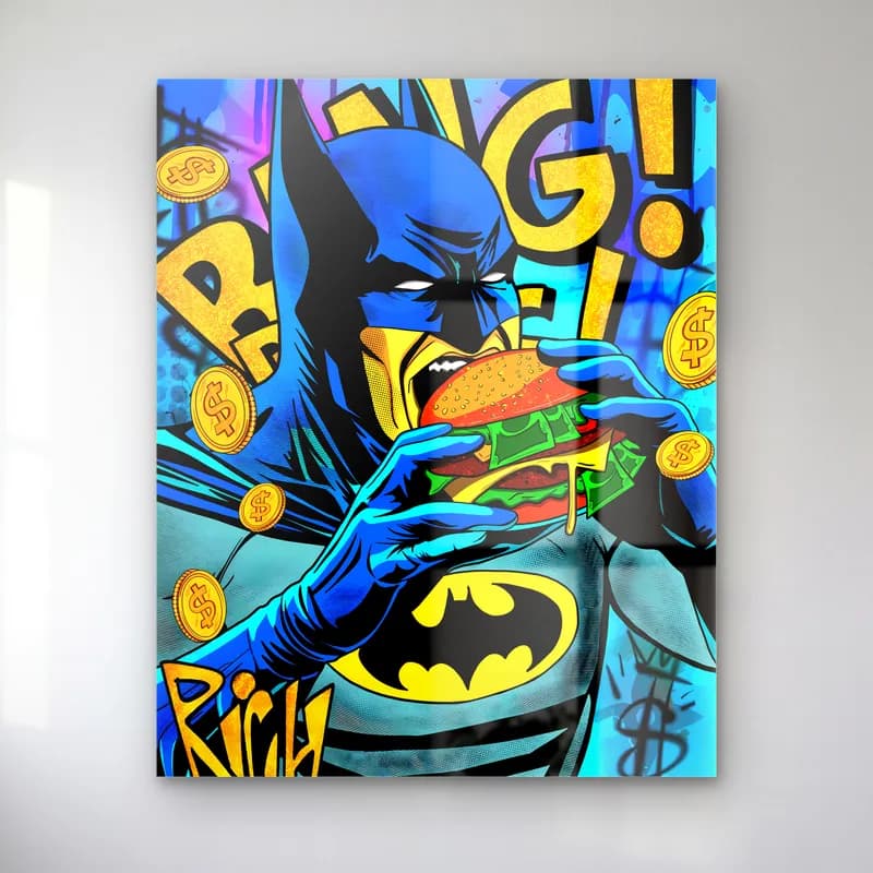 Para Burger Yiyen Batman cam tablo — Bang yazılı renkli zeminde dolarlı burger yiyen Batman