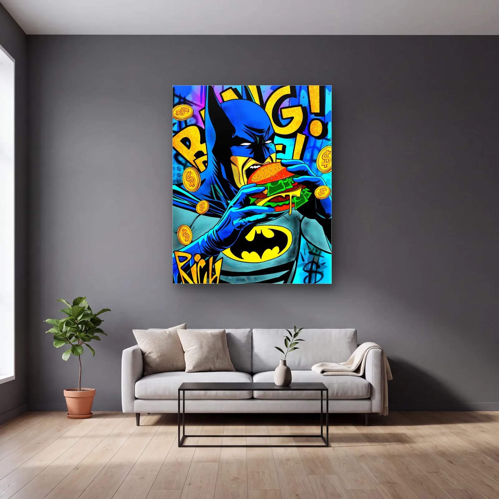 Para Burger Yiyen Batman cam tablo — gri duvarlı salonda