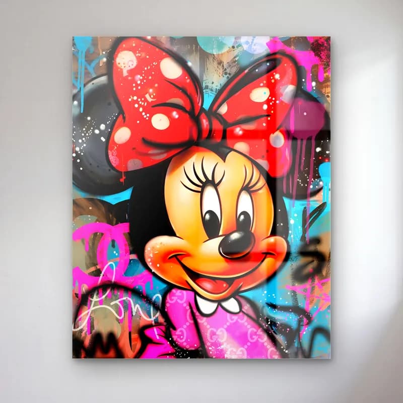 Grafiti Minnie Mouse Portresi cam tablo — Pembe turkuaz grafiti zeminde kırmızı puantiyeli fiyonklu Minnie Mouse