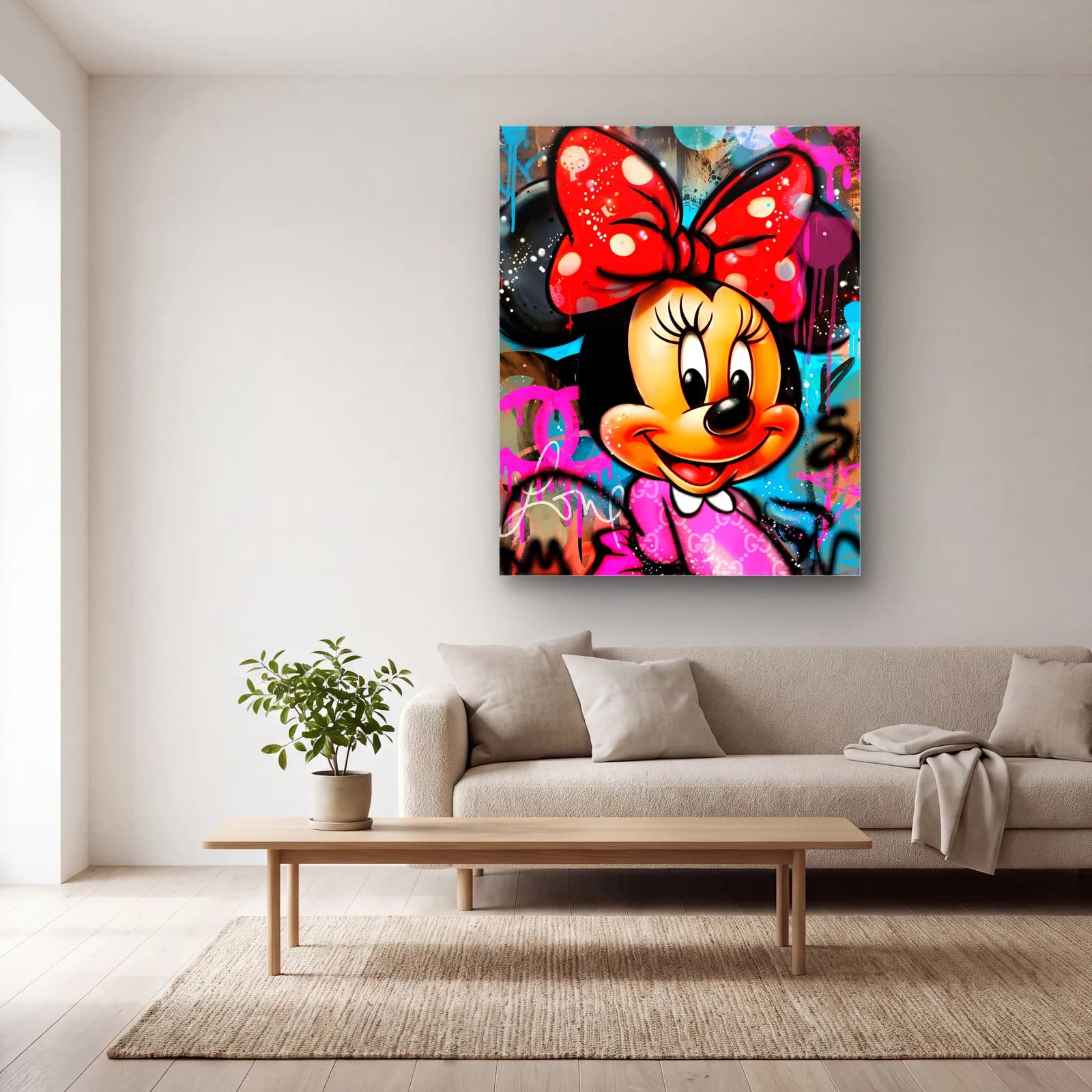 Grafiti Minnie Mouse Portresi cam tablo — açık renk salonda