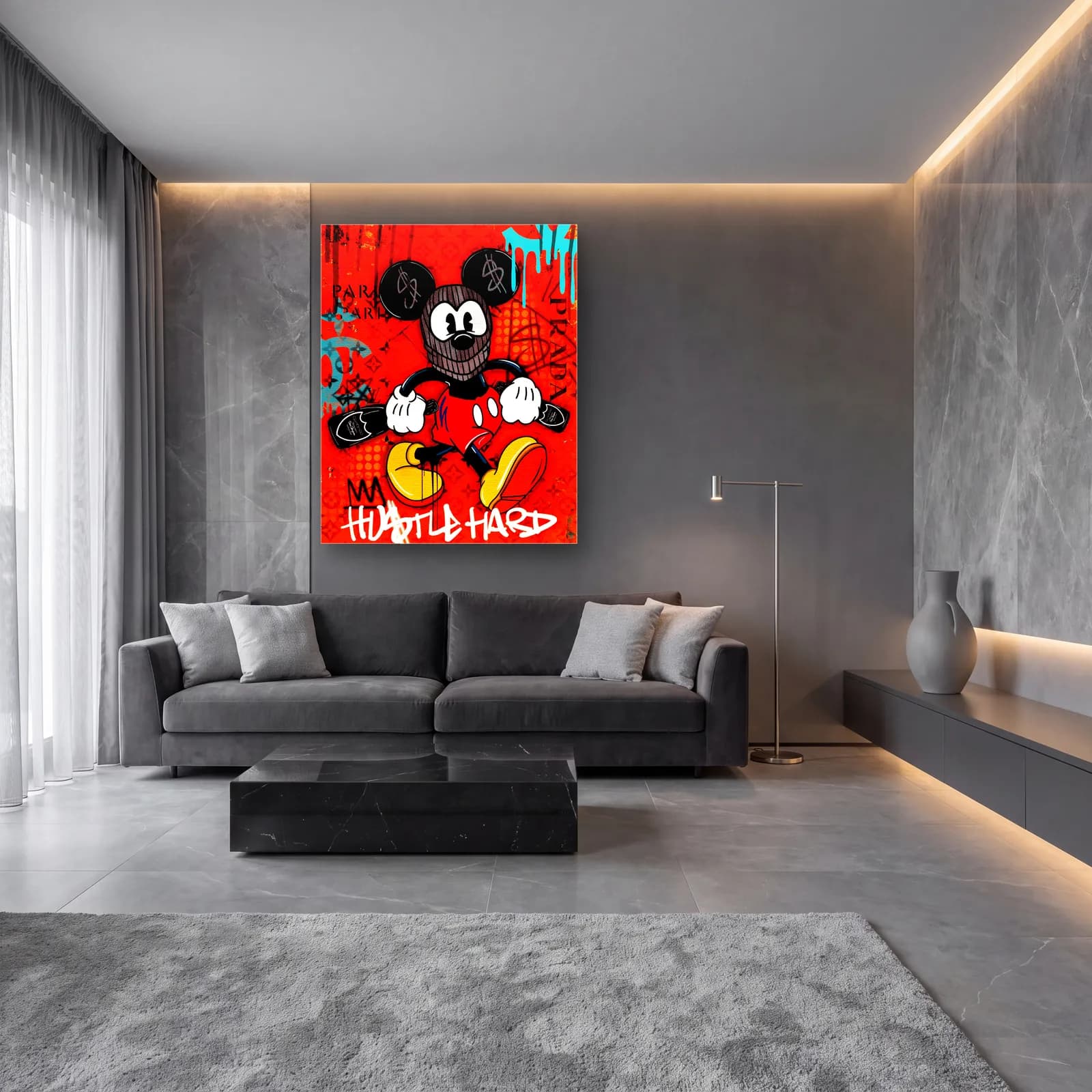 Hustle Hard Maskeli Mickey cam tablo — lüks salon duvarında
