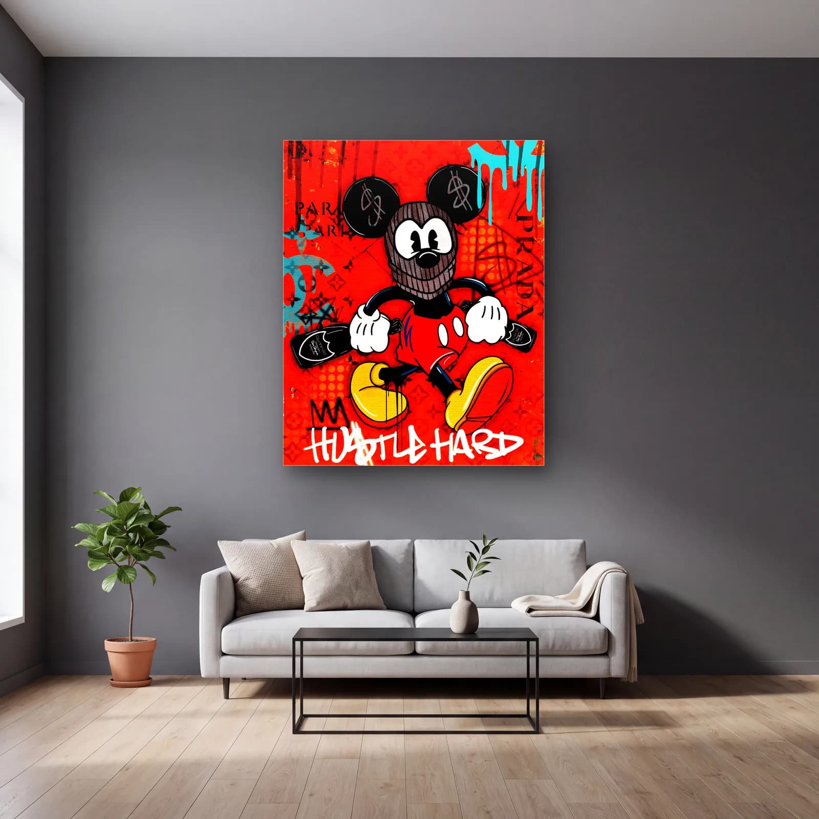 Hustle Hard Maskeli Mickey cam tablo — gri duvarlı salonda