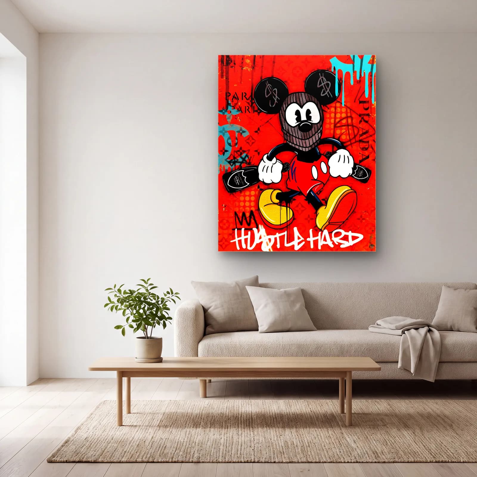 Hustle Hard Maskeli Mickey cam tablo — açık renk salonda