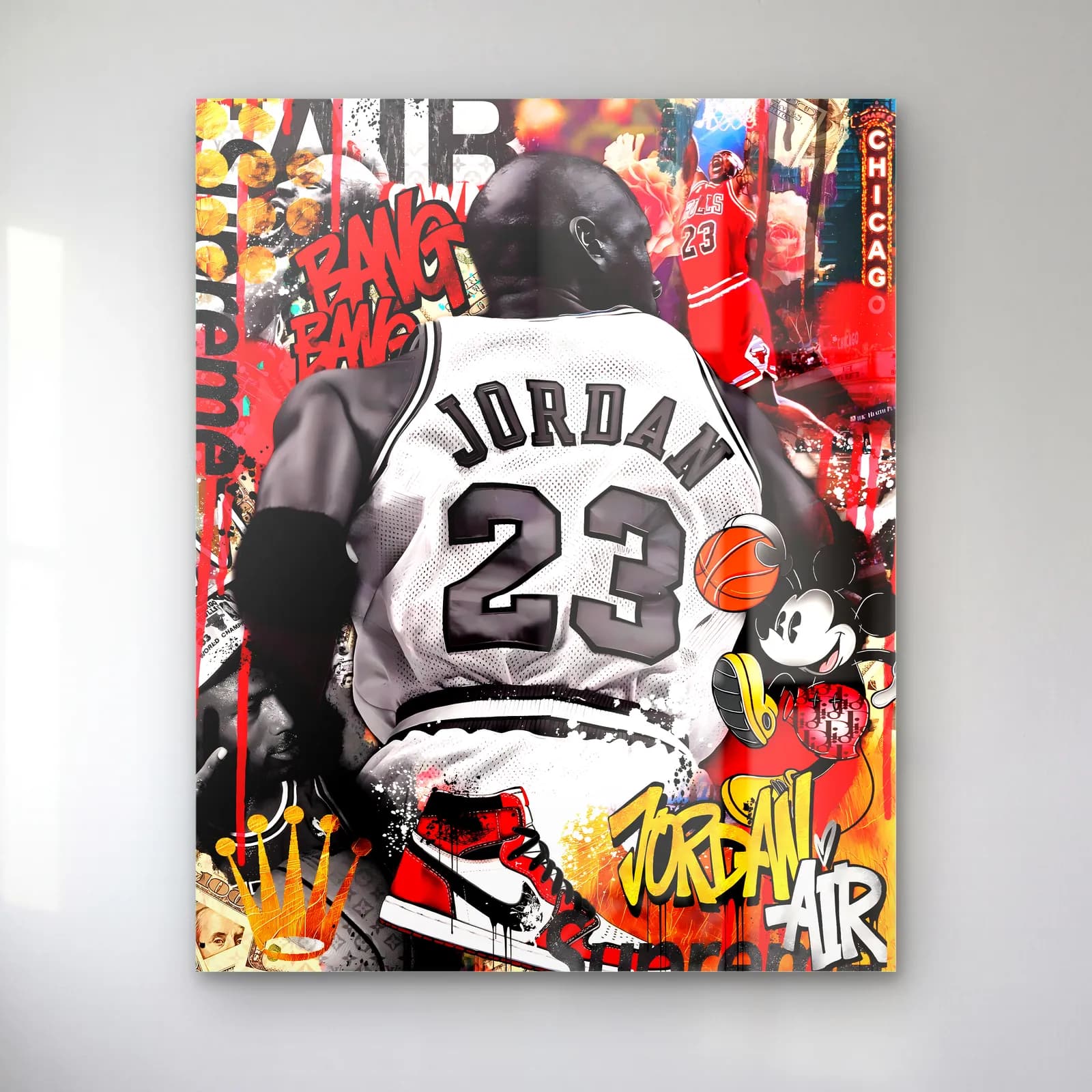 Michael Jordan 23 Grafiti cam tablo — Grafiti zeminde 23 numaralı Jordan forması giyen basketbolcu arkadan