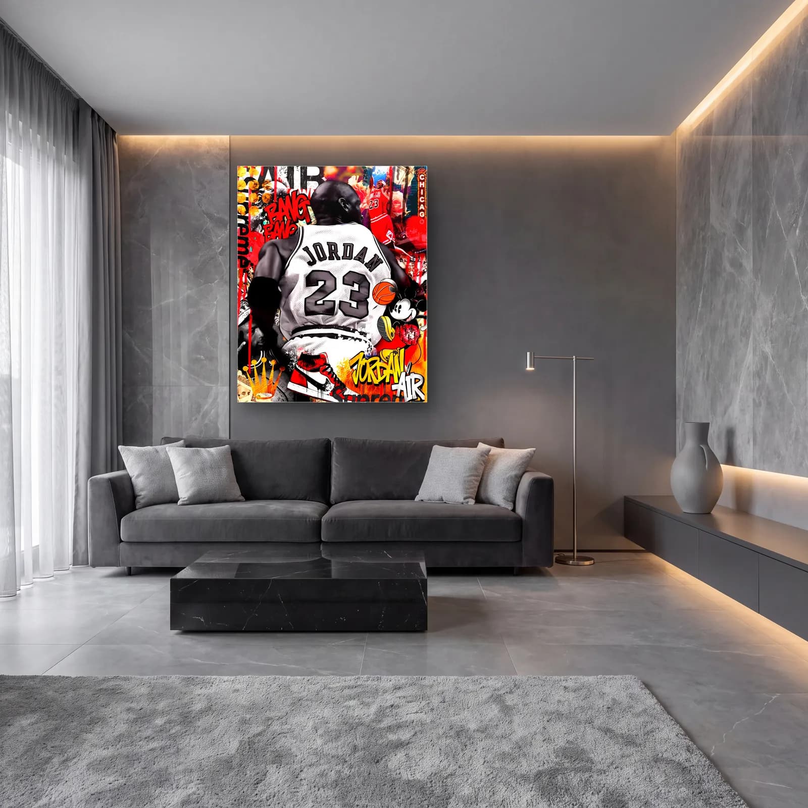 Michael Jordan 23 Grafiti cam tablo — lüks salon duvarında