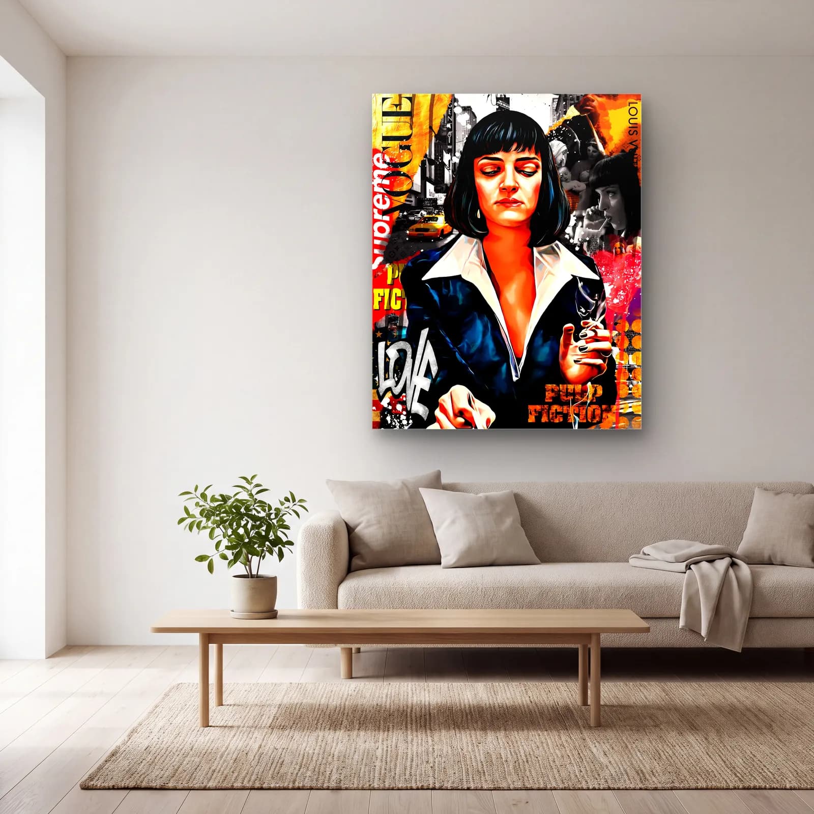 Pulp Fiction Mia Wallace Kolajı cam tablo — açık renk salonda