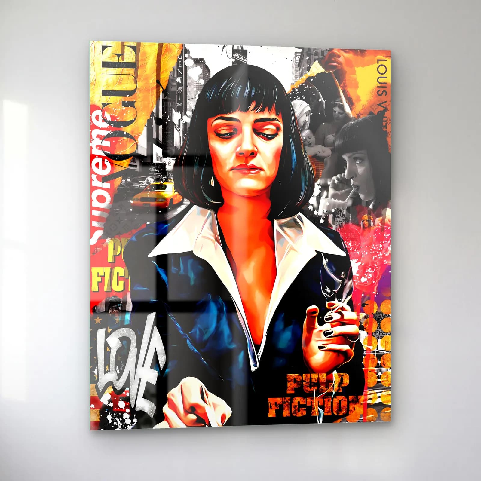 Pulp Fiction Mia Wallace Kolajı cam tablo — sol açıdan görünüm