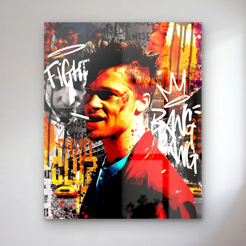 Fight Club Tyler Durden Kolajı cam tablo — Grafiti kolaj üzerinde kırmızı ceketli, güneş gözlüklü Tyler Durden