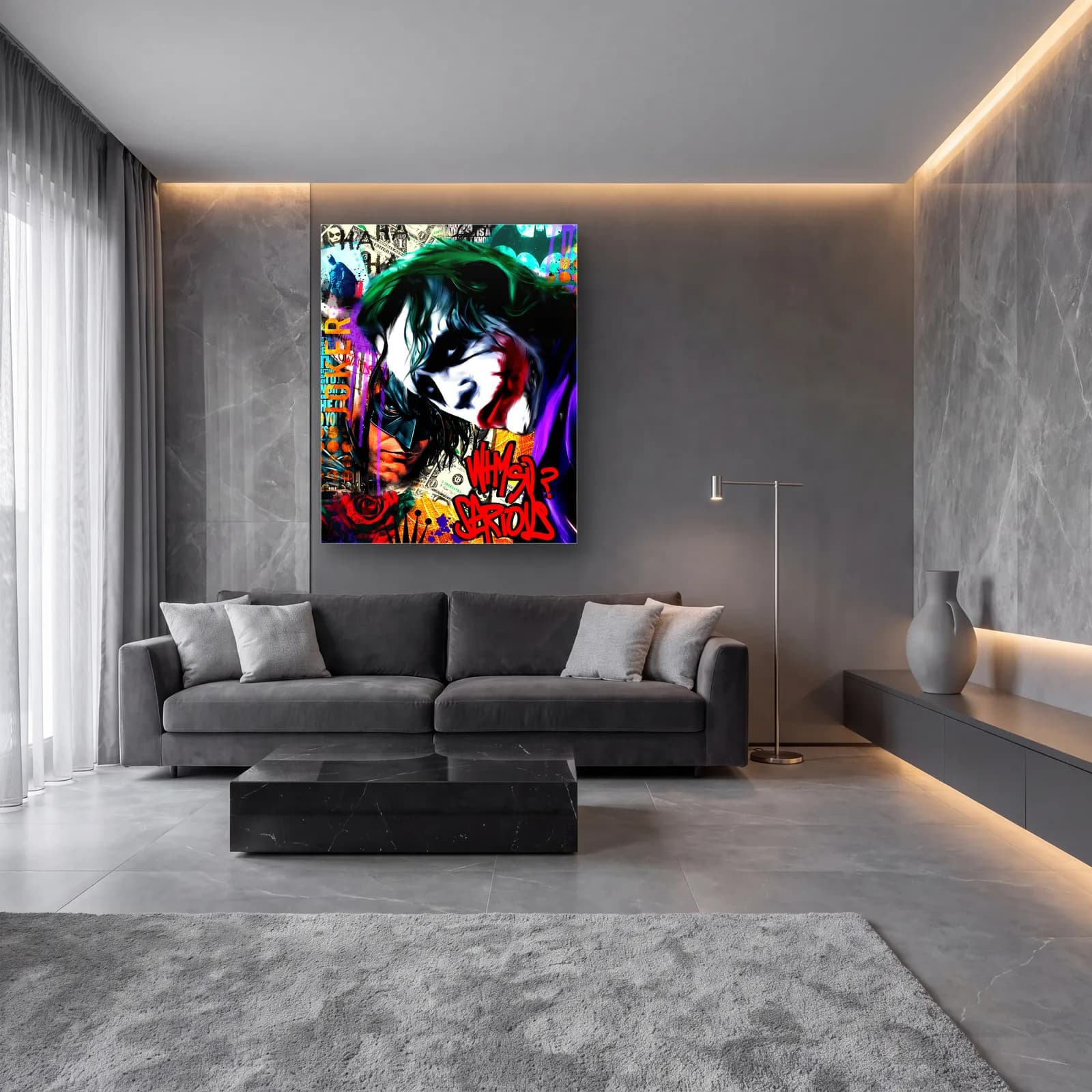 Why So Serious Joker ve Batman cam tablo — lüks salon duvarında