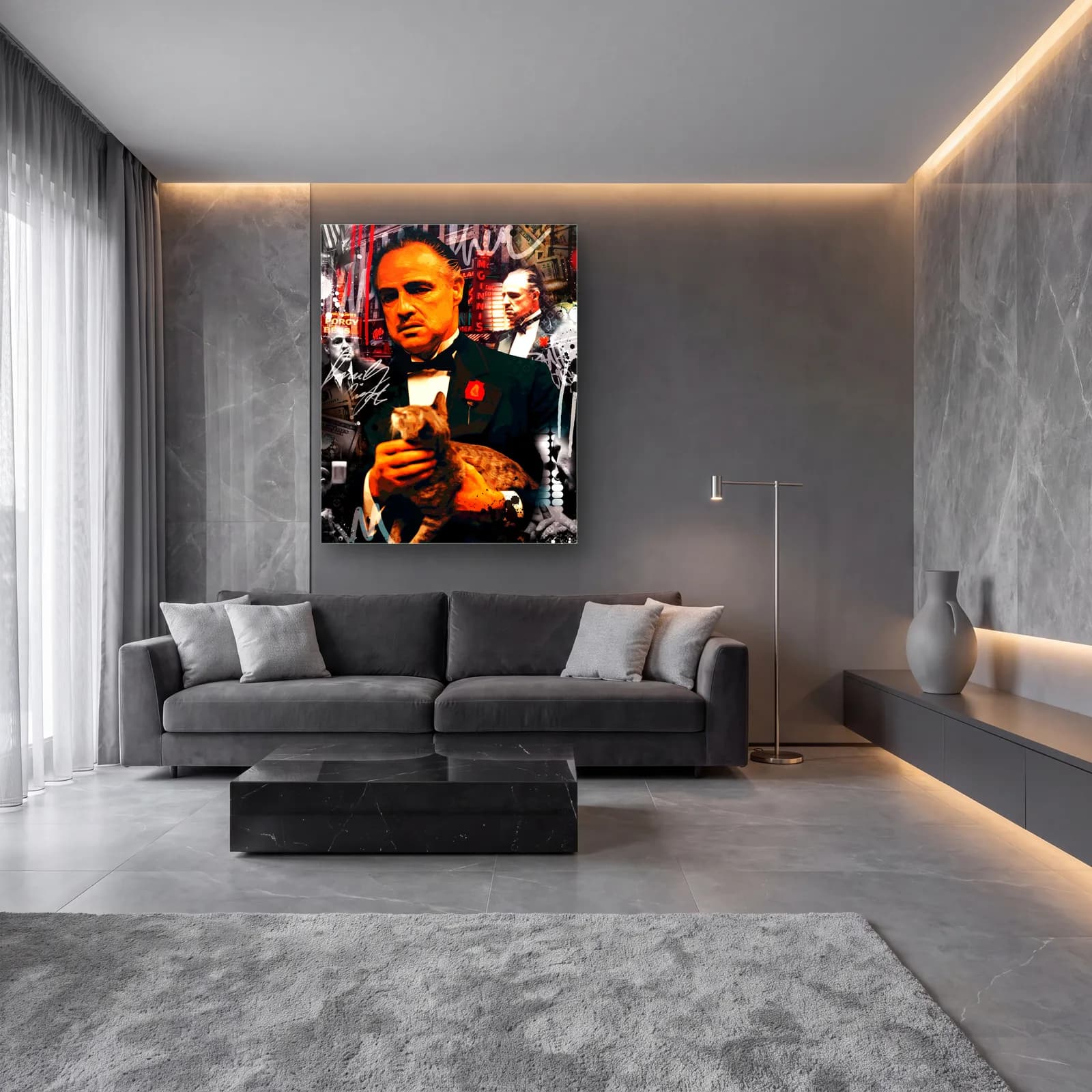 Kucağında Kediyle Baba Vito Corleone cam tablo — lüks salon duvarında
