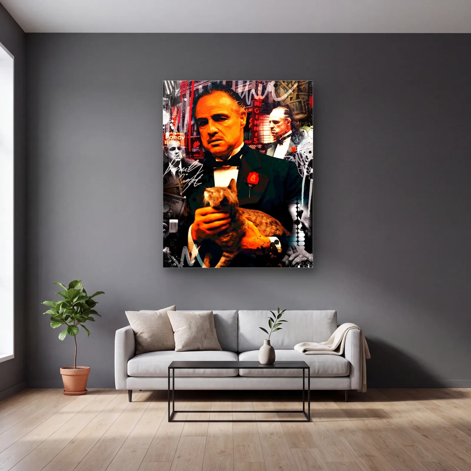 Kucağında Kediyle Baba Vito Corleone cam tablo — gri duvarlı salonda