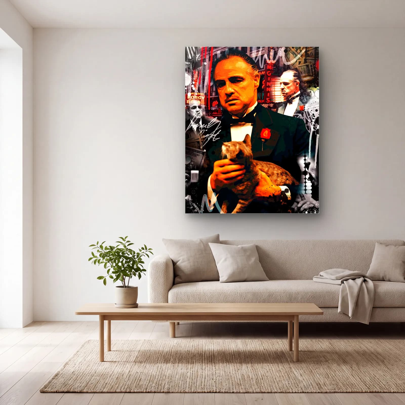Kucağında Kediyle Baba Vito Corleone cam tablo — açık renk salonda