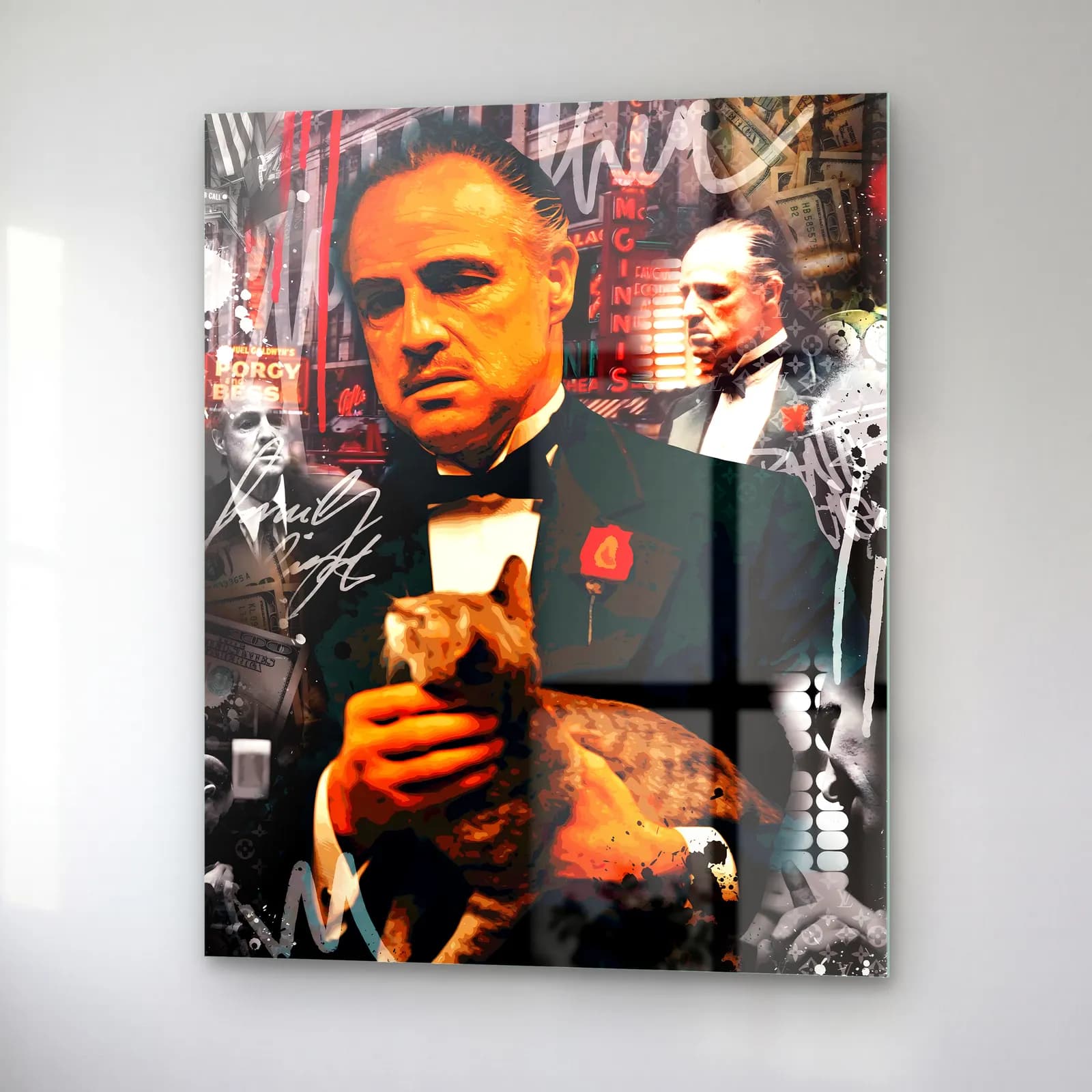 Kucağında Kediyle Baba Vito Corleone cam tablo — sağ açıdan görünüm