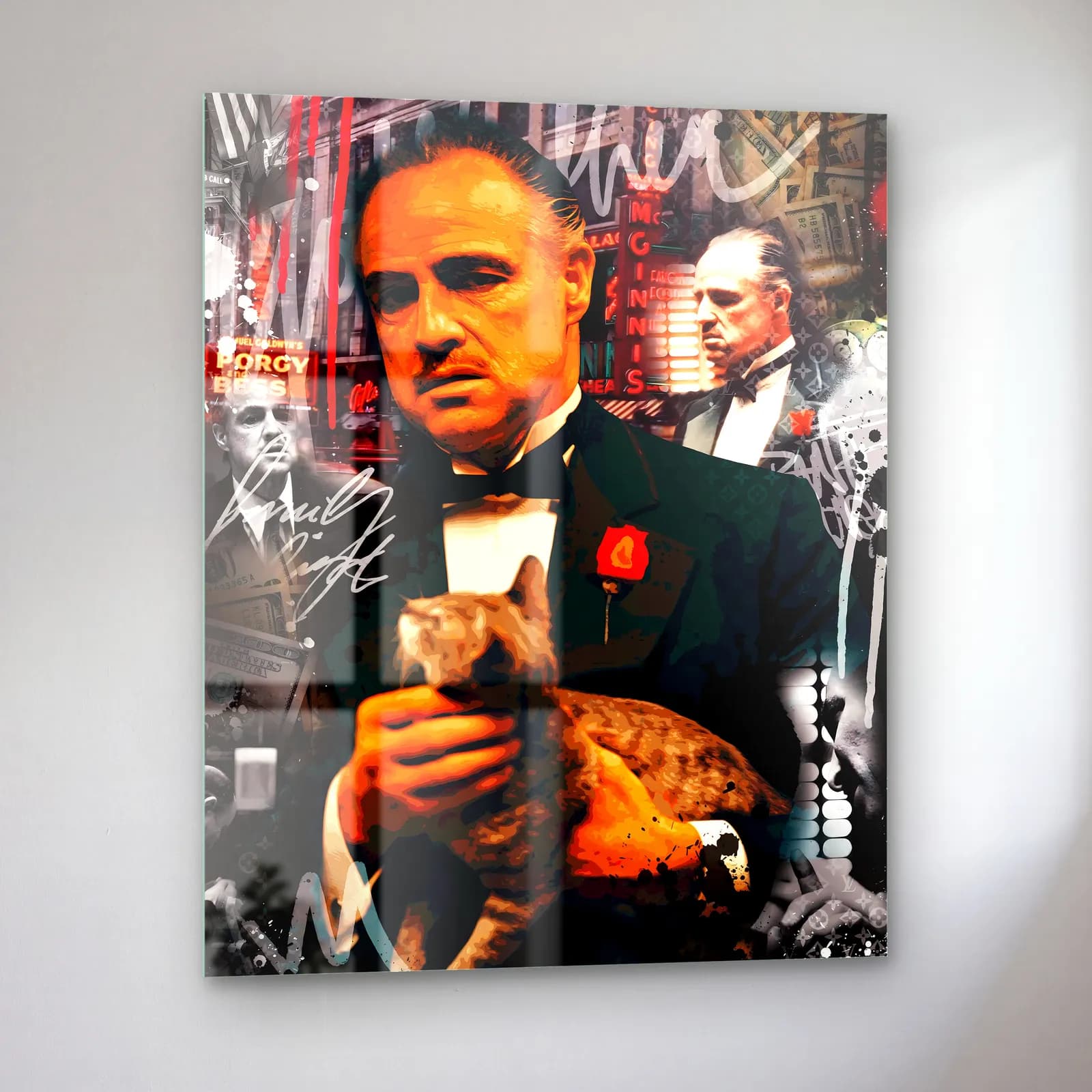 Kucağında Kediyle Baba Vito Corleone cam tablo — sol açıdan görünüm
