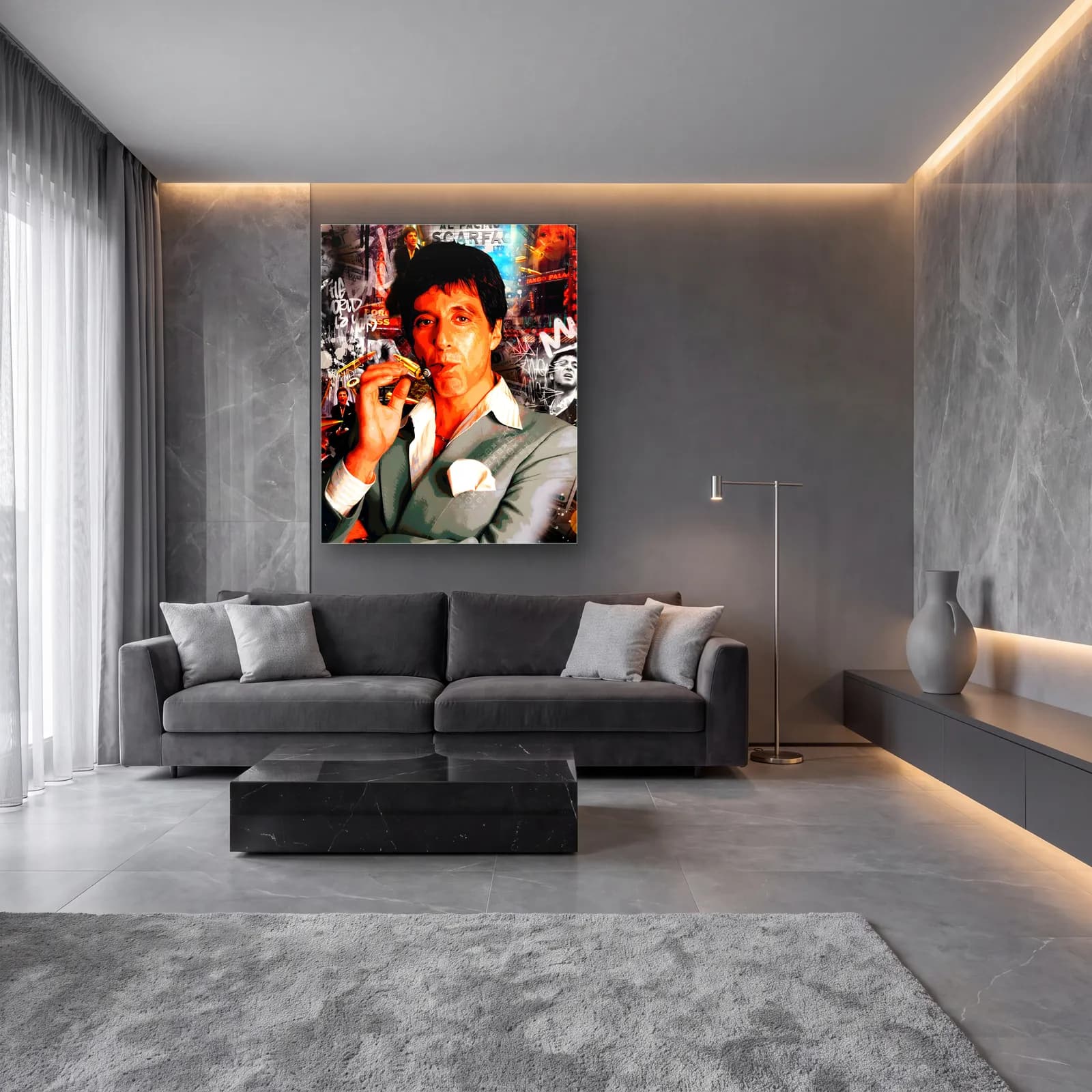 Puro İçen Tony Montana Kolajı cam tablo — lüks salon duvarında