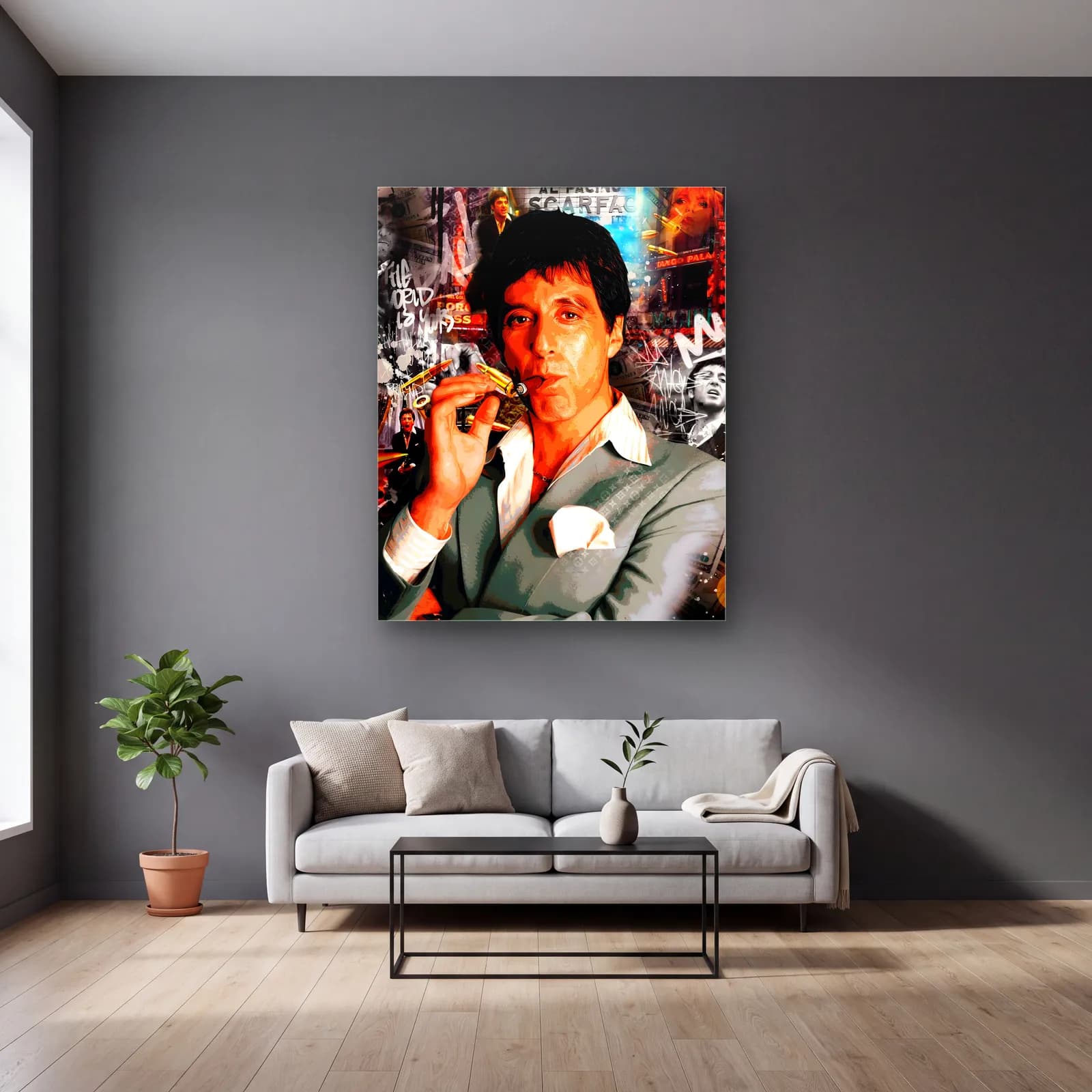 Puro İçen Tony Montana Kolajı cam tablo — gri duvarlı salonda