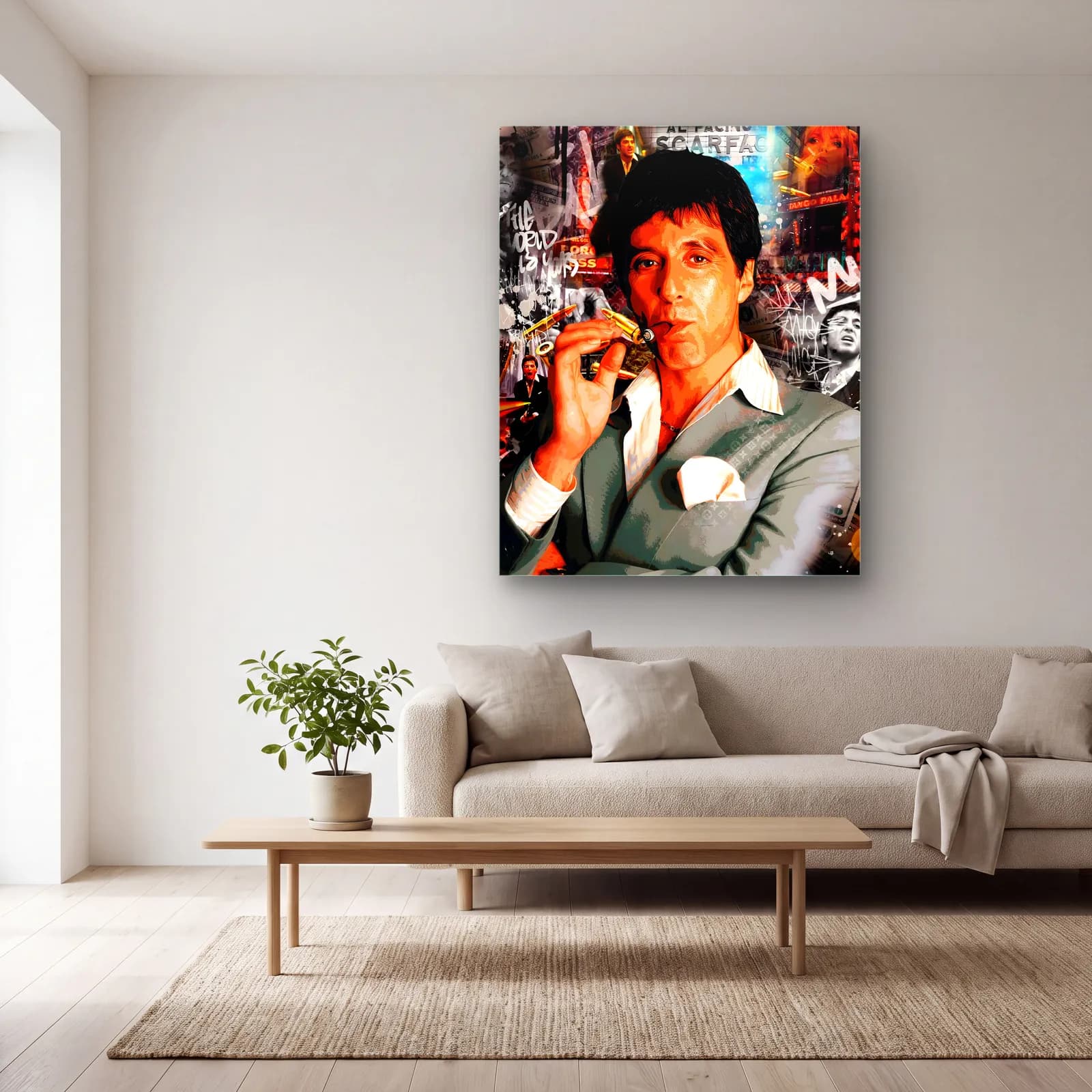 Puro İçen Tony Montana Kolajı cam tablo — açık renk salonda