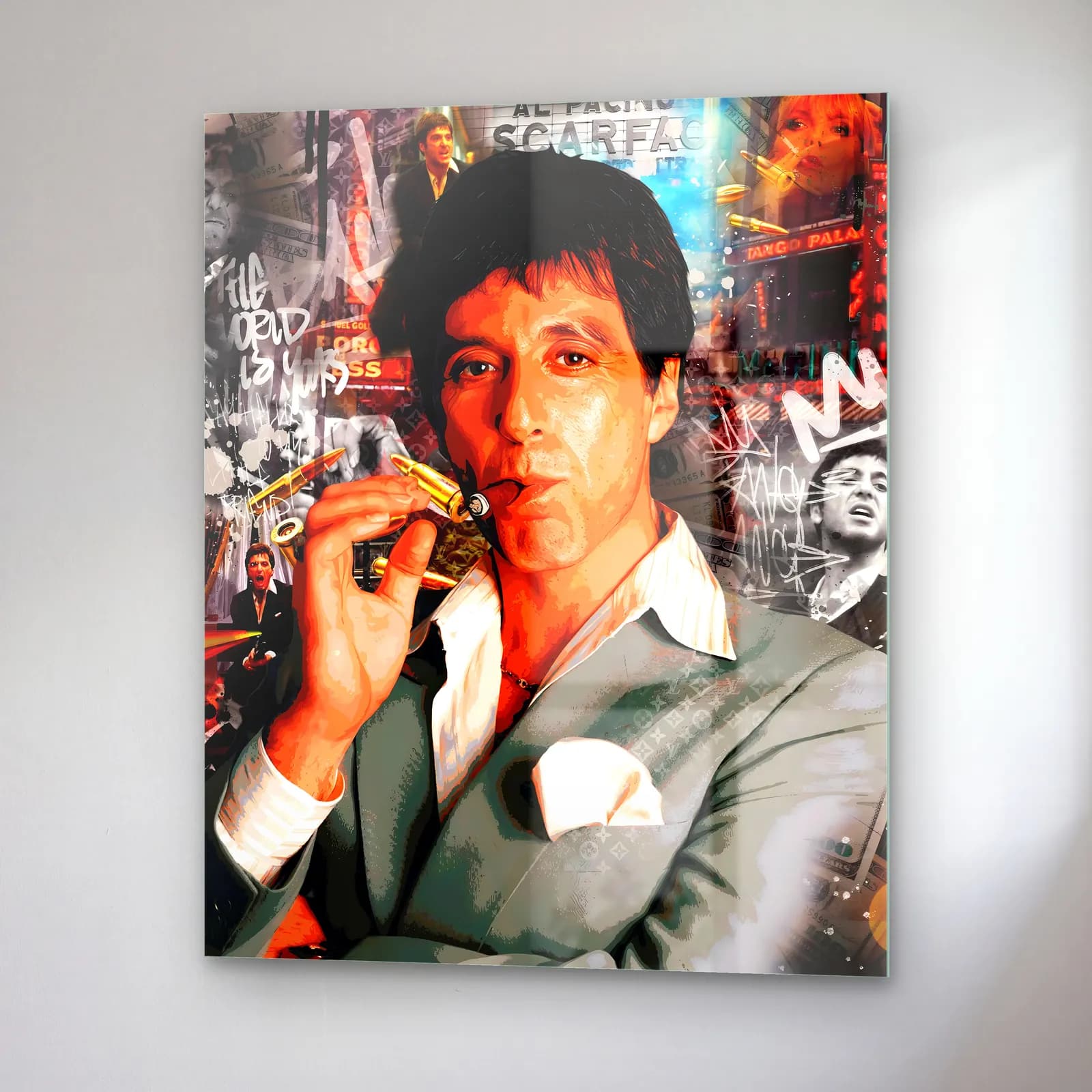 Puro İçen Tony Montana Kolajı cam tablo — sağ açıdan görünüm
