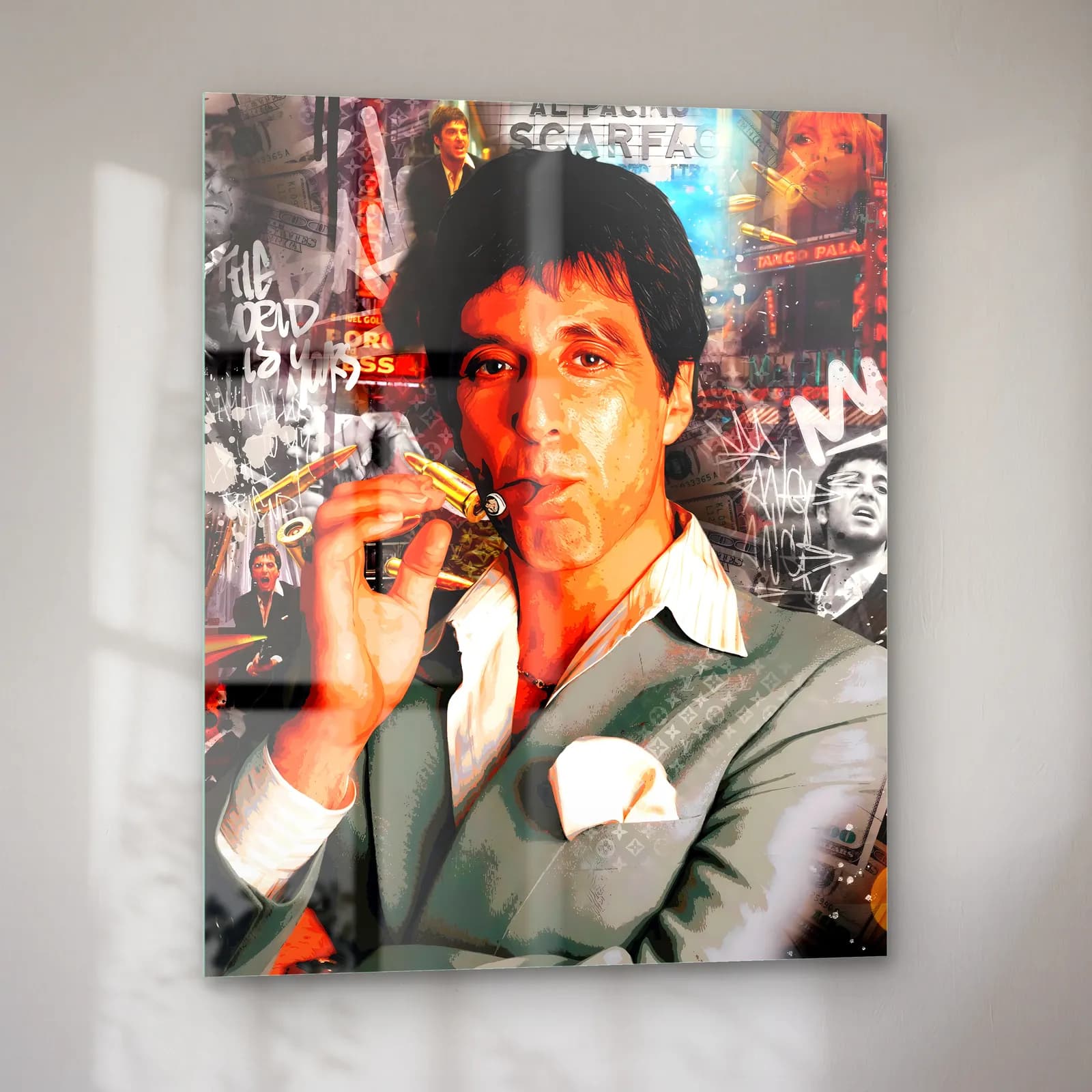 Puro İçen Tony Montana Kolajı cam tablo — sol açıdan görünüm
