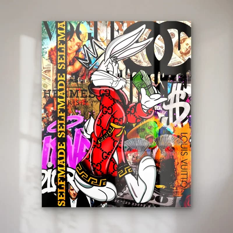 Selfmade Lüks Bugs Bunny cam tablo — Selfmade yazılı kolaj zeminde taçlı ve kırmızı eşofmanlı Bugs Bunny